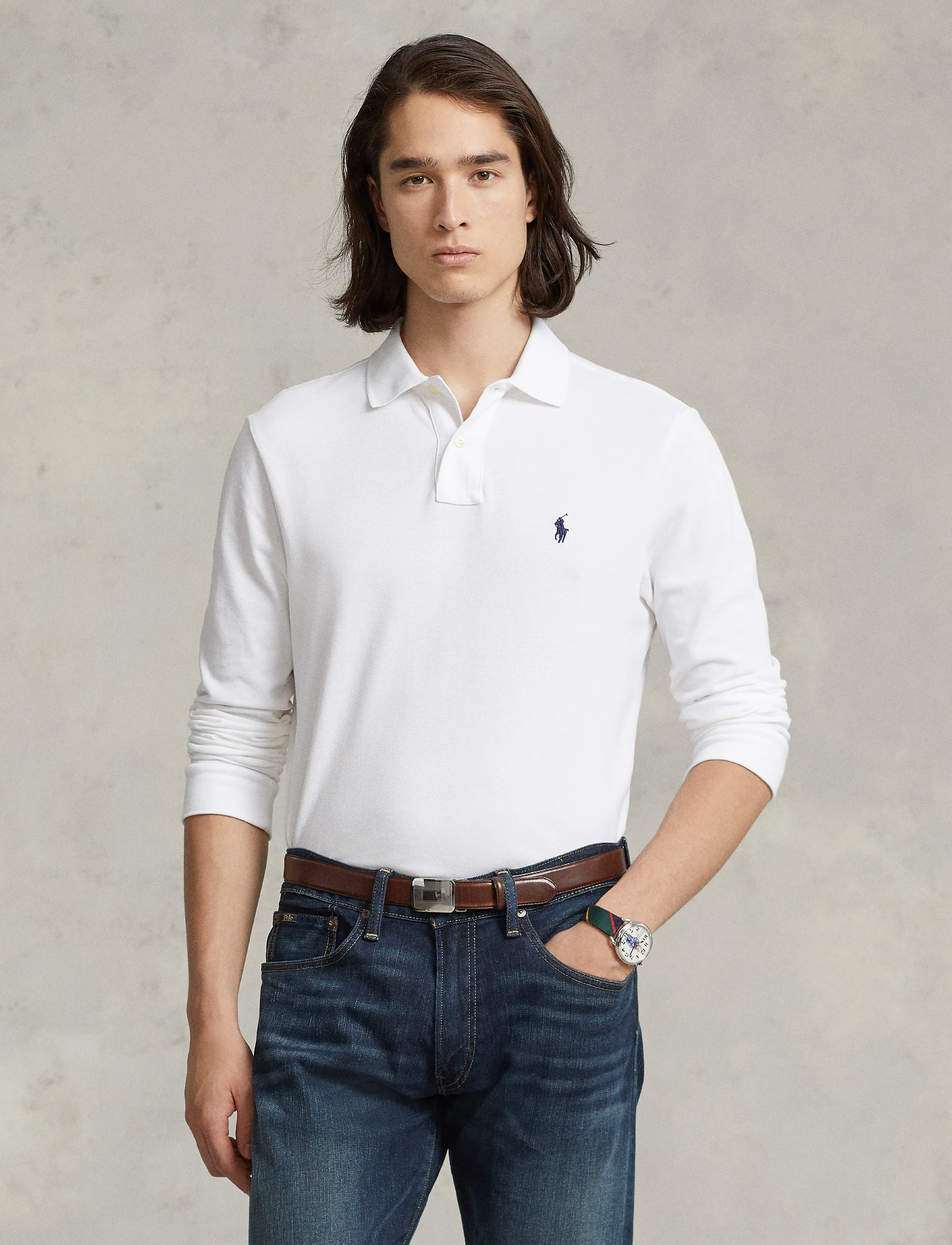 Polo Ralph Lauren Slim Fit Mesh Long-Sleeve Polo, XS, Polos, Weiß - Long-sleeved, Männerswear