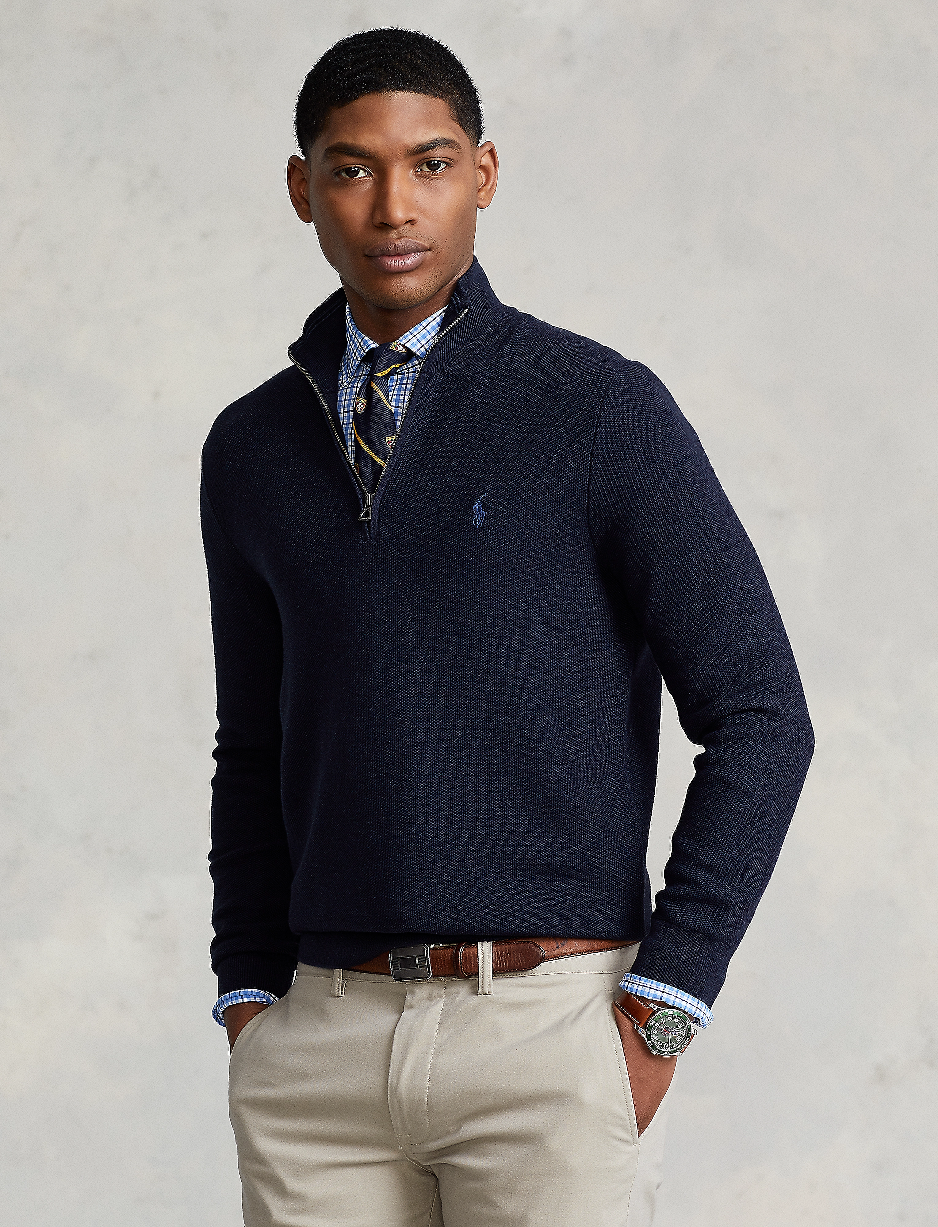 Polo Ralph Lauren - Mesh-Knit Cotton Quarter-Zip Sweater - navy heather - 2