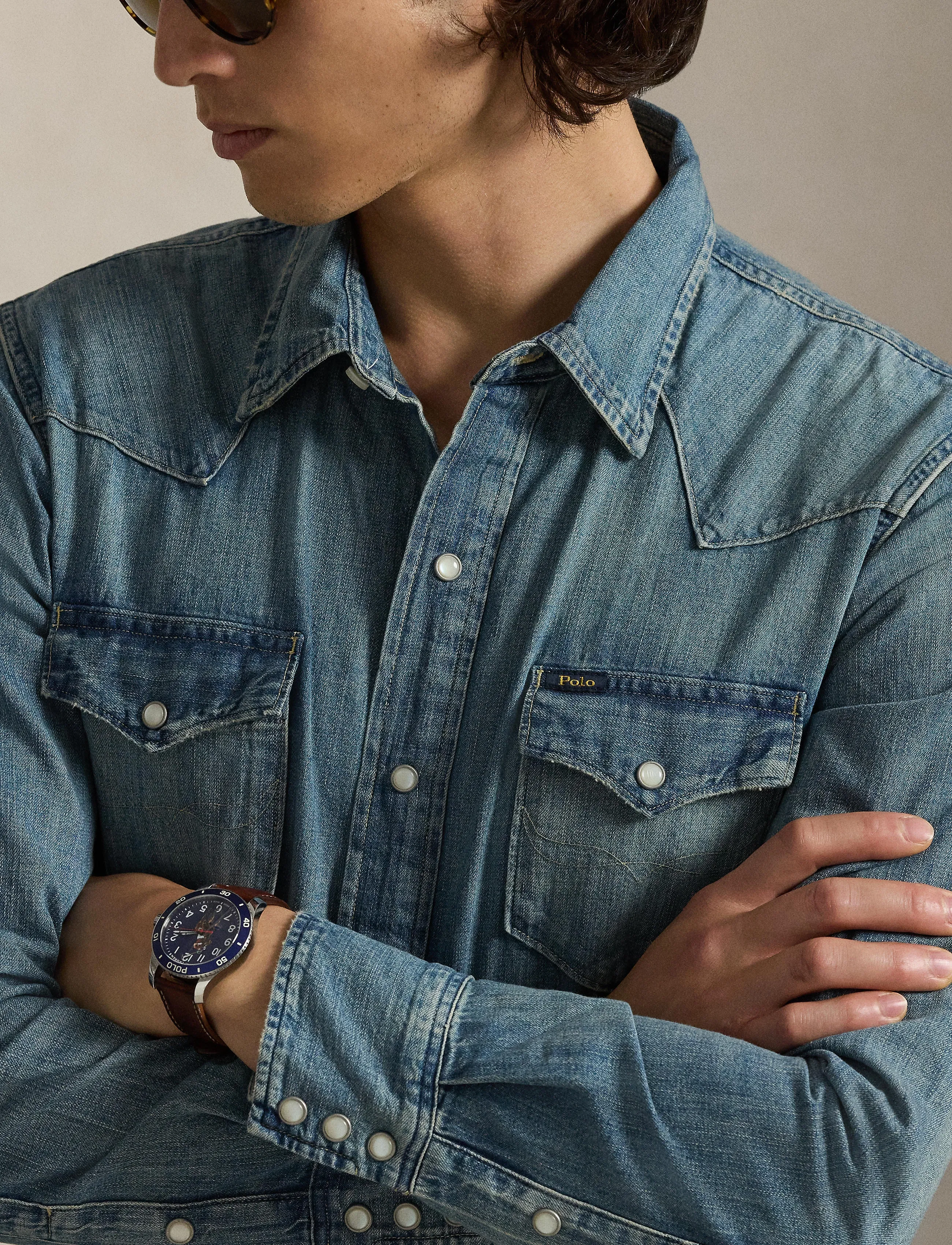 Polo Ralph Lauren Westernskjorta i blå flammad denim herr – bild 8
