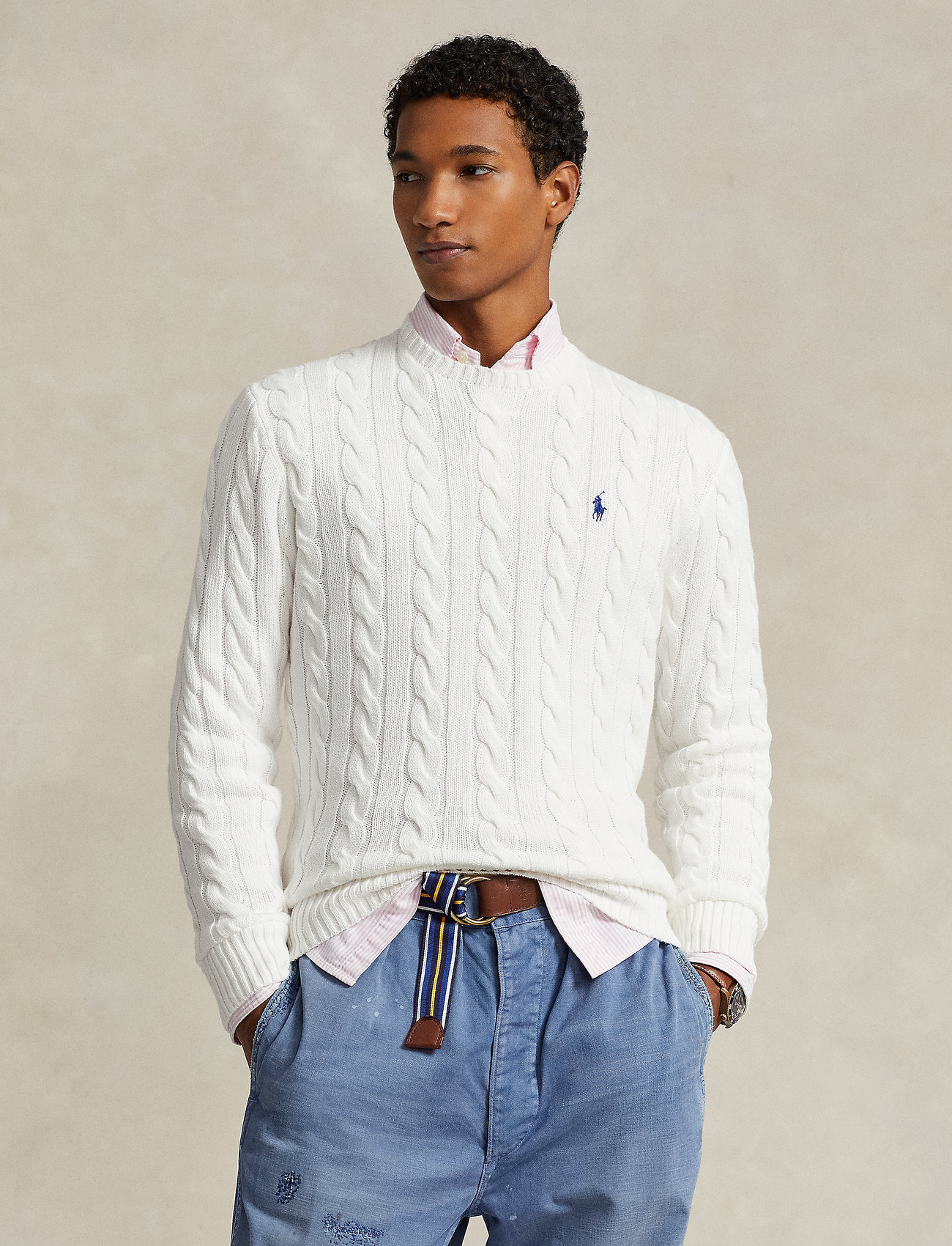 Polo Ralph Lauren - Cable-Knit Cotton Sweater - okrągły dekolt - white - 0