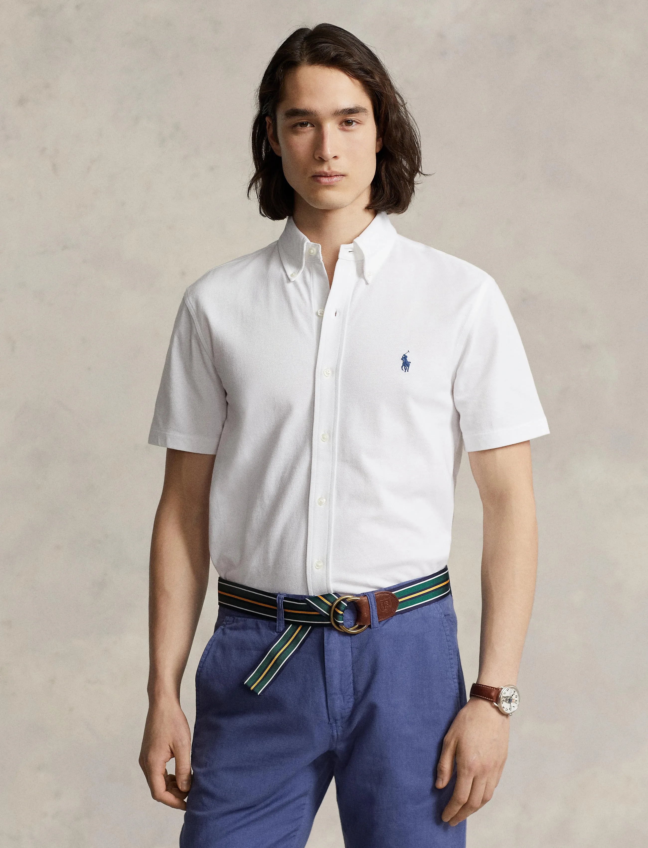 Polo Ralph Lauren Featherweight Mesh Shirt, Mænd, Kortærmet Mesh Button Down Skjorte, Hvid, Str: XS