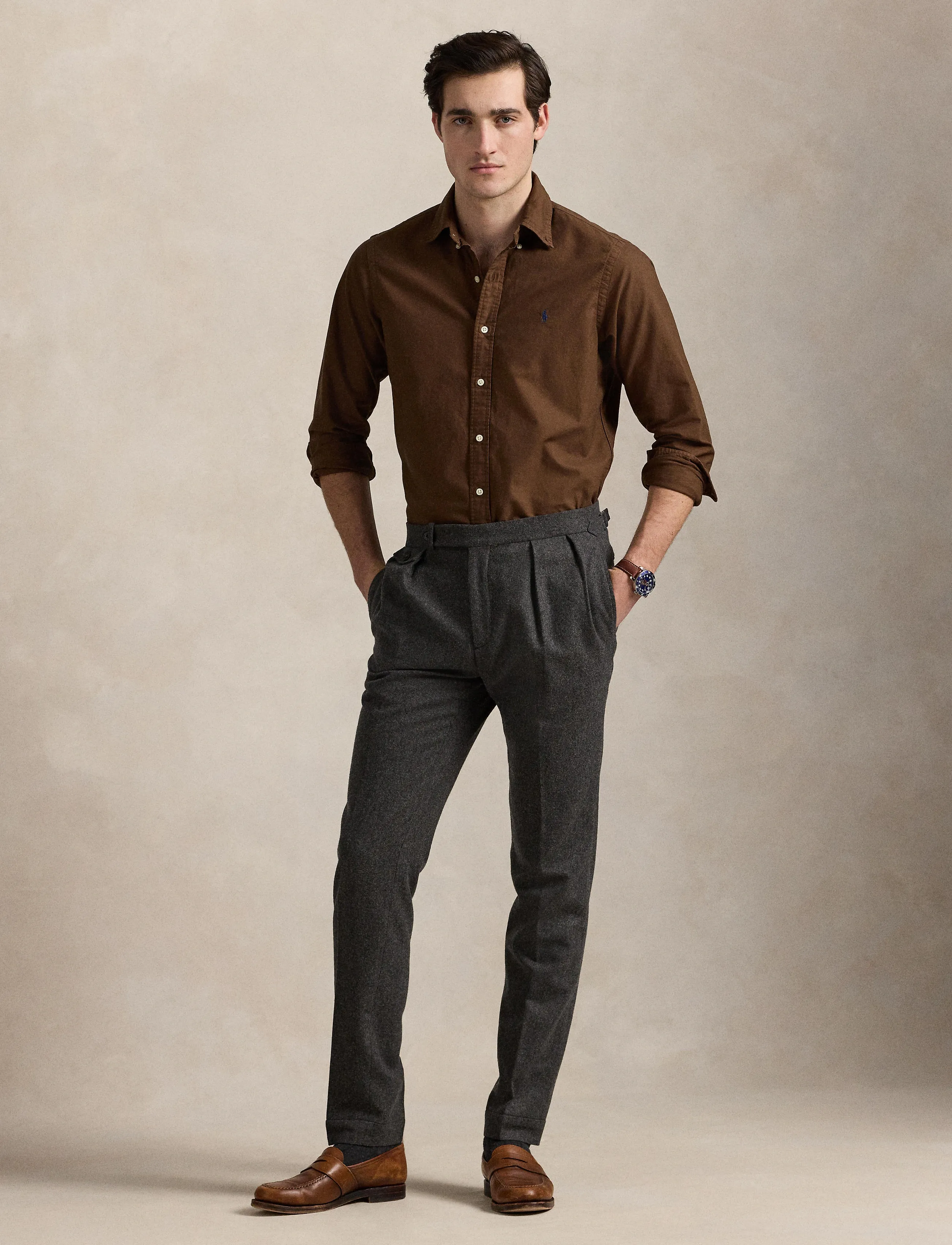 Polo Ralph Lauren Custom Fit Garment-Dyed Oxford Shirt, Mænd, Custom Fit Oxford Skjorte, Brun, Str: XS