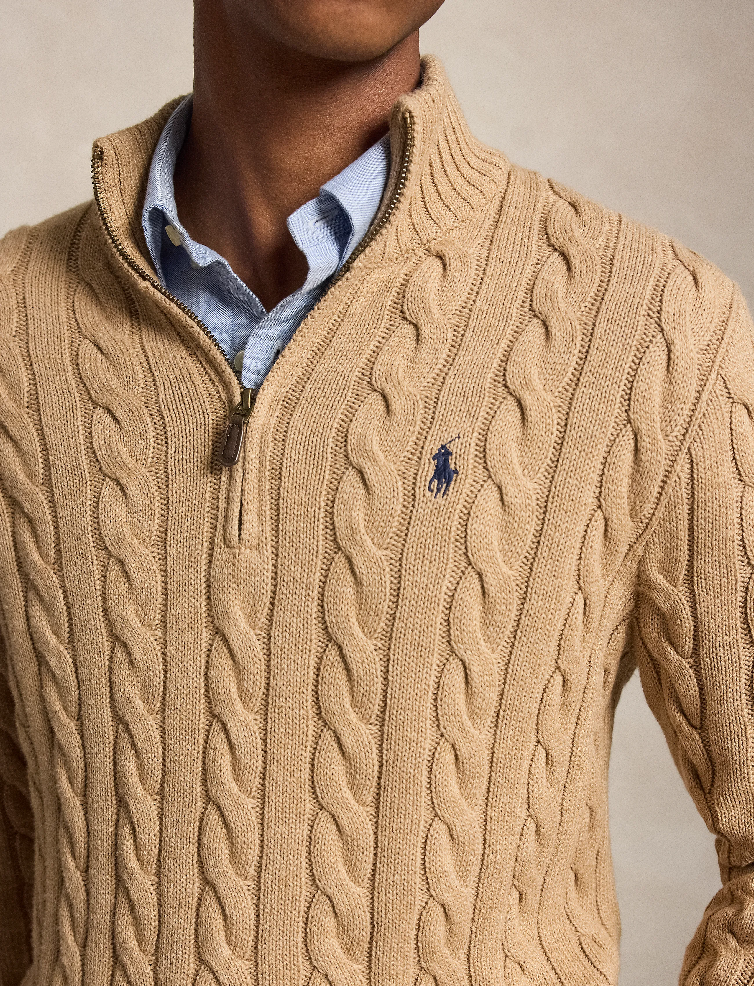 Polo Ralph Lauren - Cable-Knit Cotton Quarter-Zip Sweater - halfzip strik - camel melange - 4