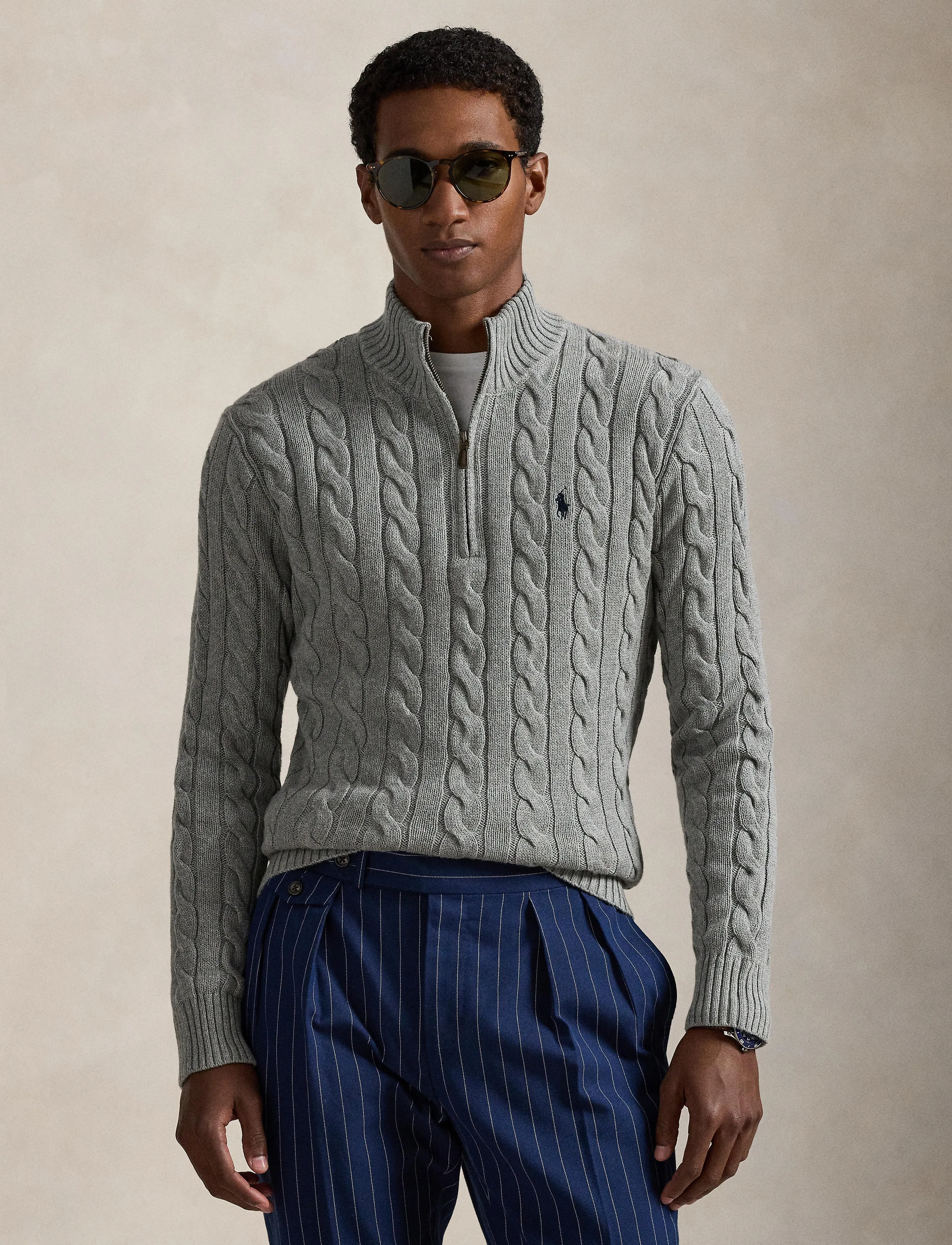 Polo Ralph Lauren - Cable-Knit Cotton Quarter-Zip Sweater - halfzip strik - fawn grey heather - 3