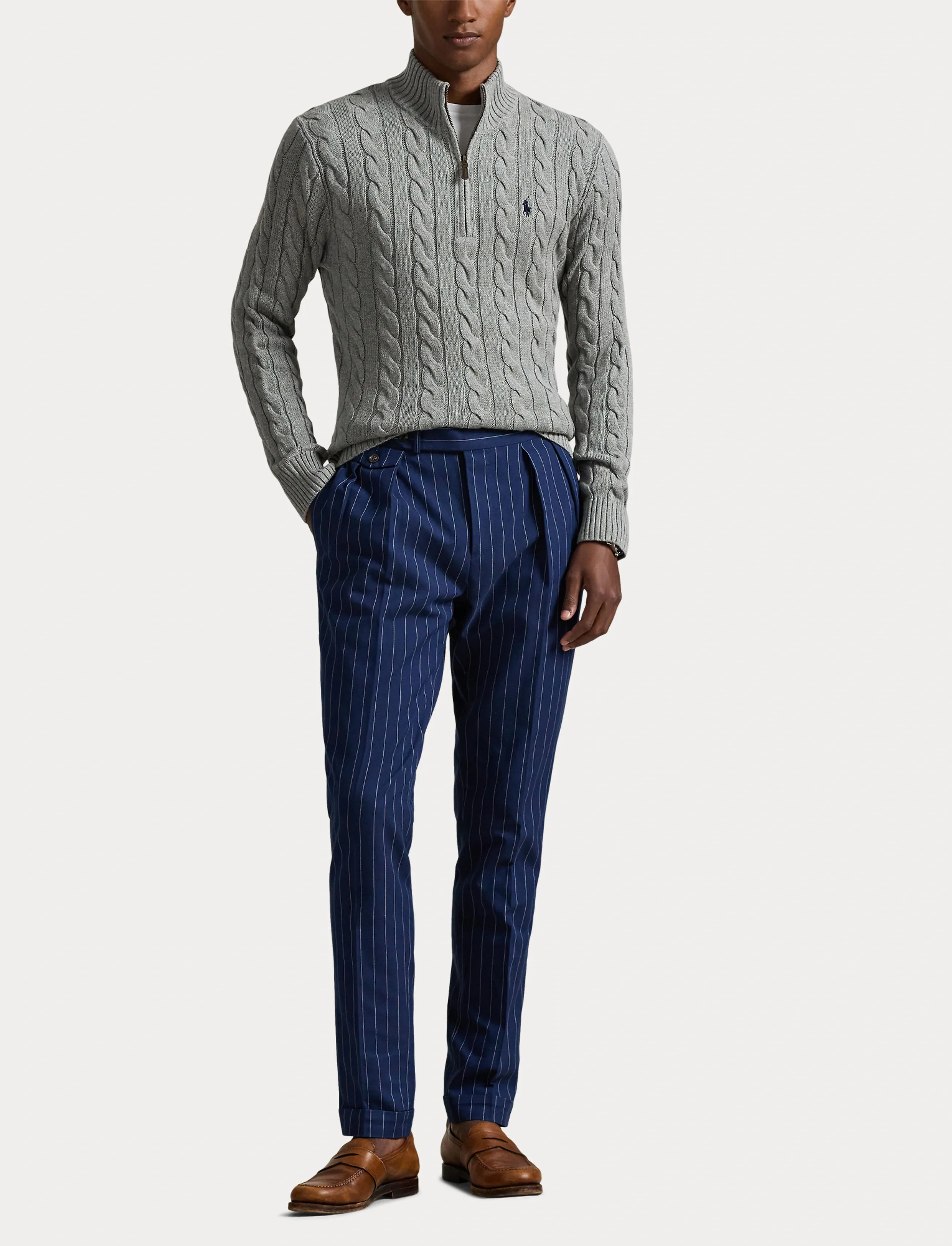 Polo Ralph Lauren - Cable-Knit Cotton Quarter-Zip Sweater - halfzip strik - fawn grey heather - 4