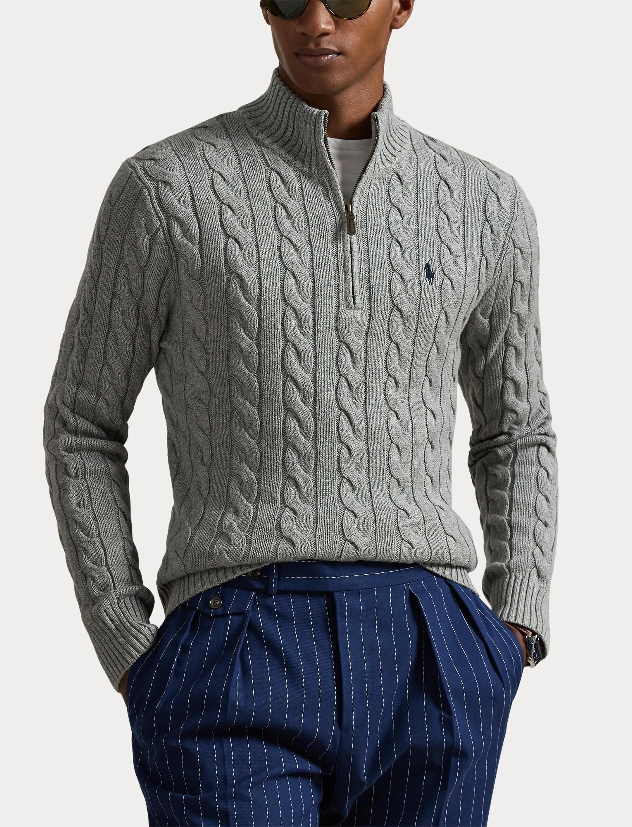 Polo Ralph Lauren - Cable-Knit Cotton Quarter-Zip Sweater - halfzip strik - fawn grey heather - 5