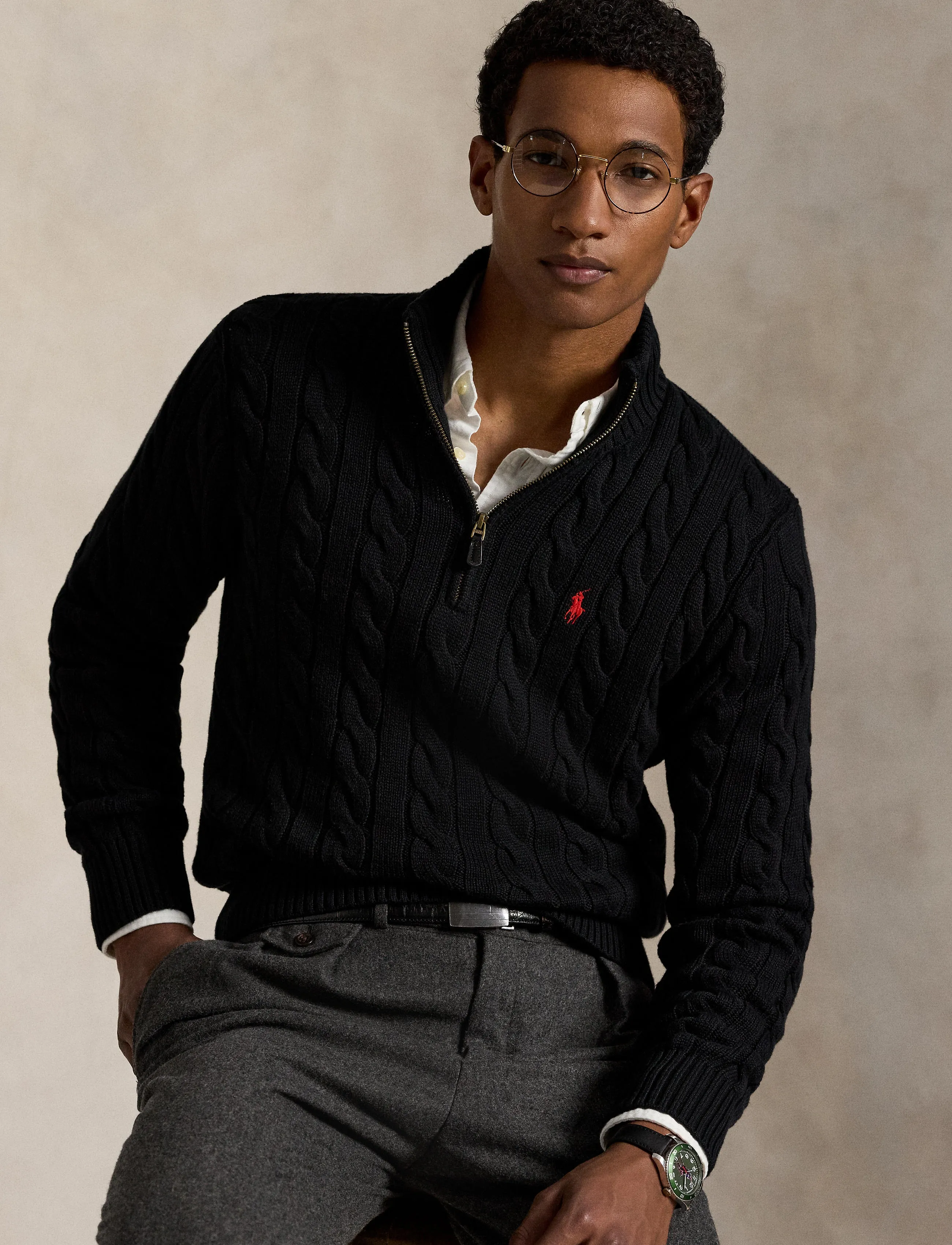 Polo Ralph Lauren - Cable-Knit Cotton Quarter-Zip Sweater - halfzip strik - polo black - 3