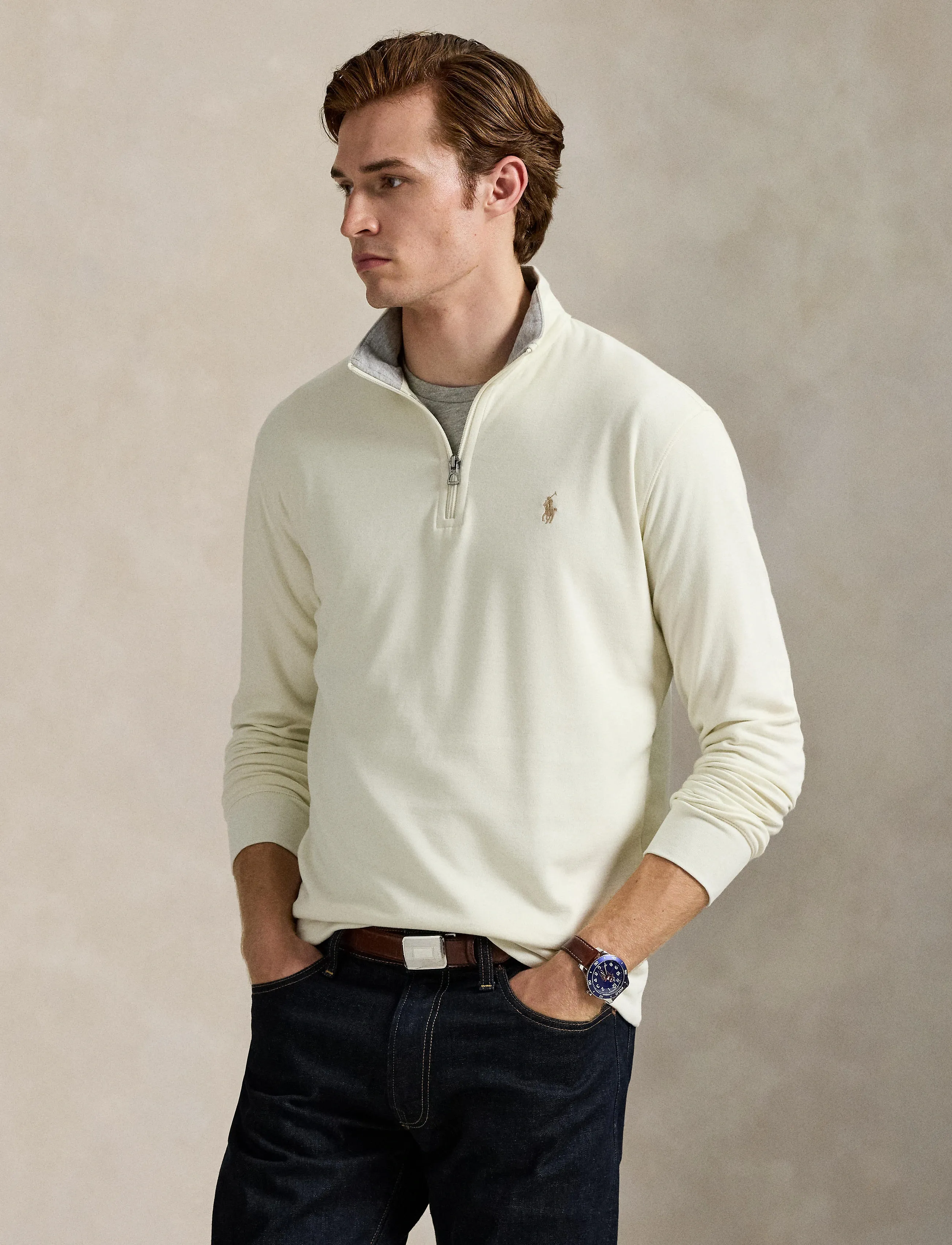 Polo Ralph Lauren - Luxury Jersey Quarter-Zip Pullover - turtleneck - parchment cream/c - 3