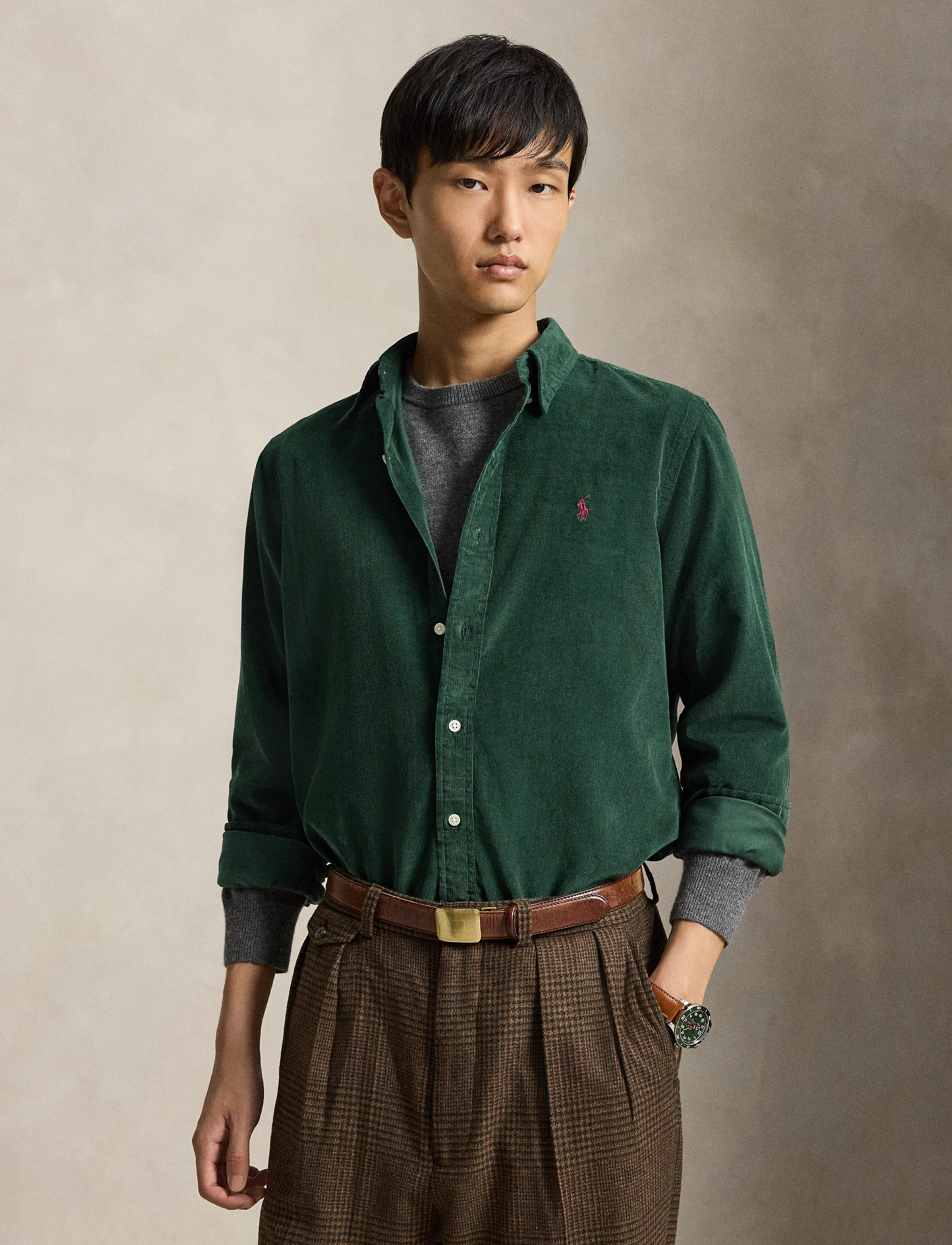Polo Ralph Lauren Custom Fit Corduroy Shirt - Cordhemden - MOSS AGATE W/WINE / green