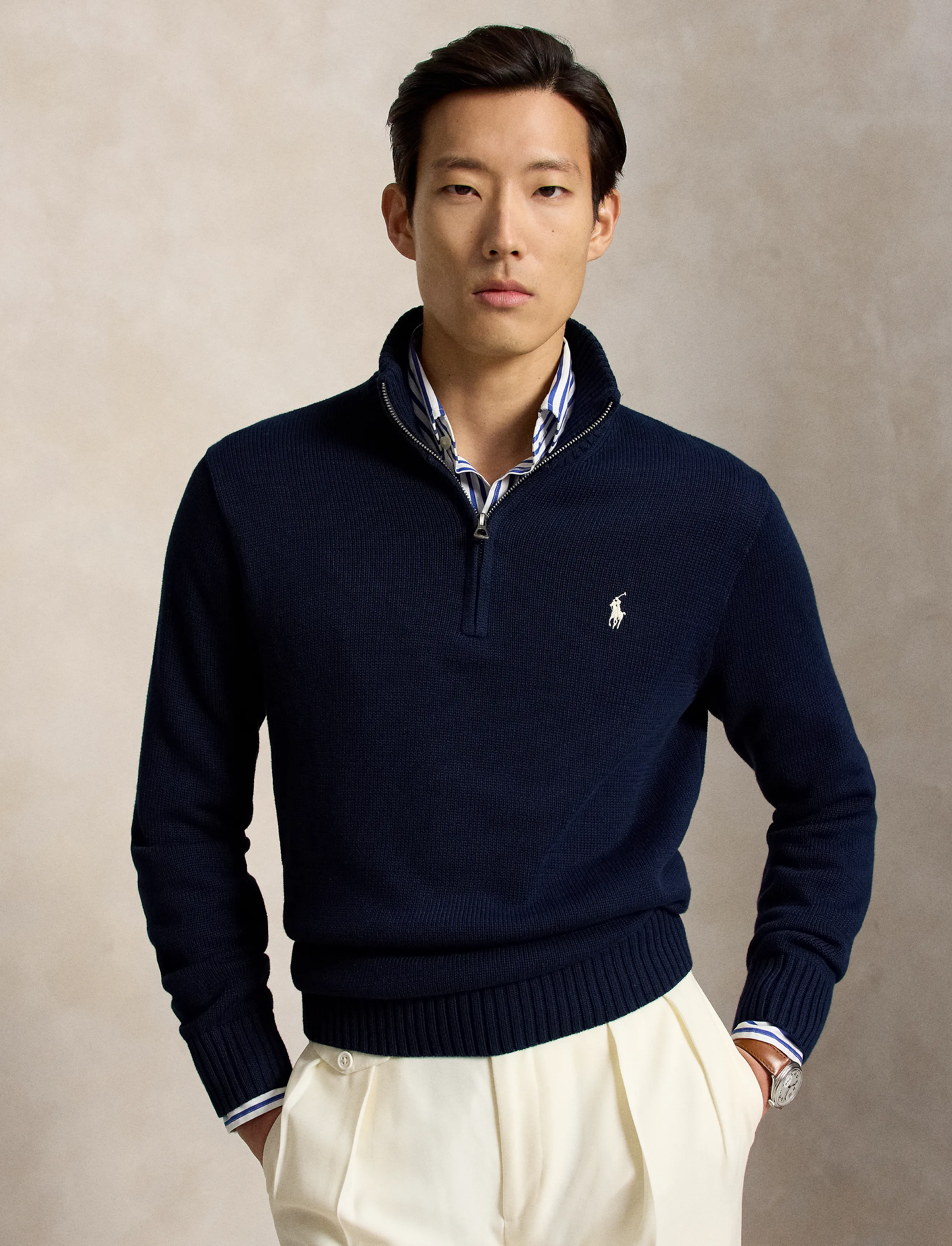 Polo Ralph Lauren Cotton Quarter-Zip Mockneck Sweater, Mænd, Quarter-Zip Trøje, Navy, Str: S