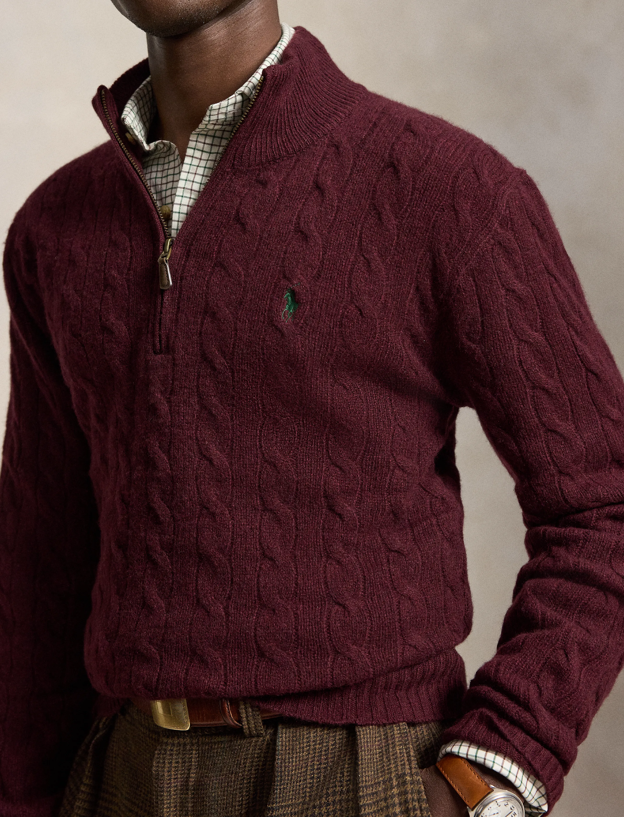 Polo Ralph Lauren - Cable-Knit Quarter-Zip Sweater - half zip jumpers - aged wine heather - 3