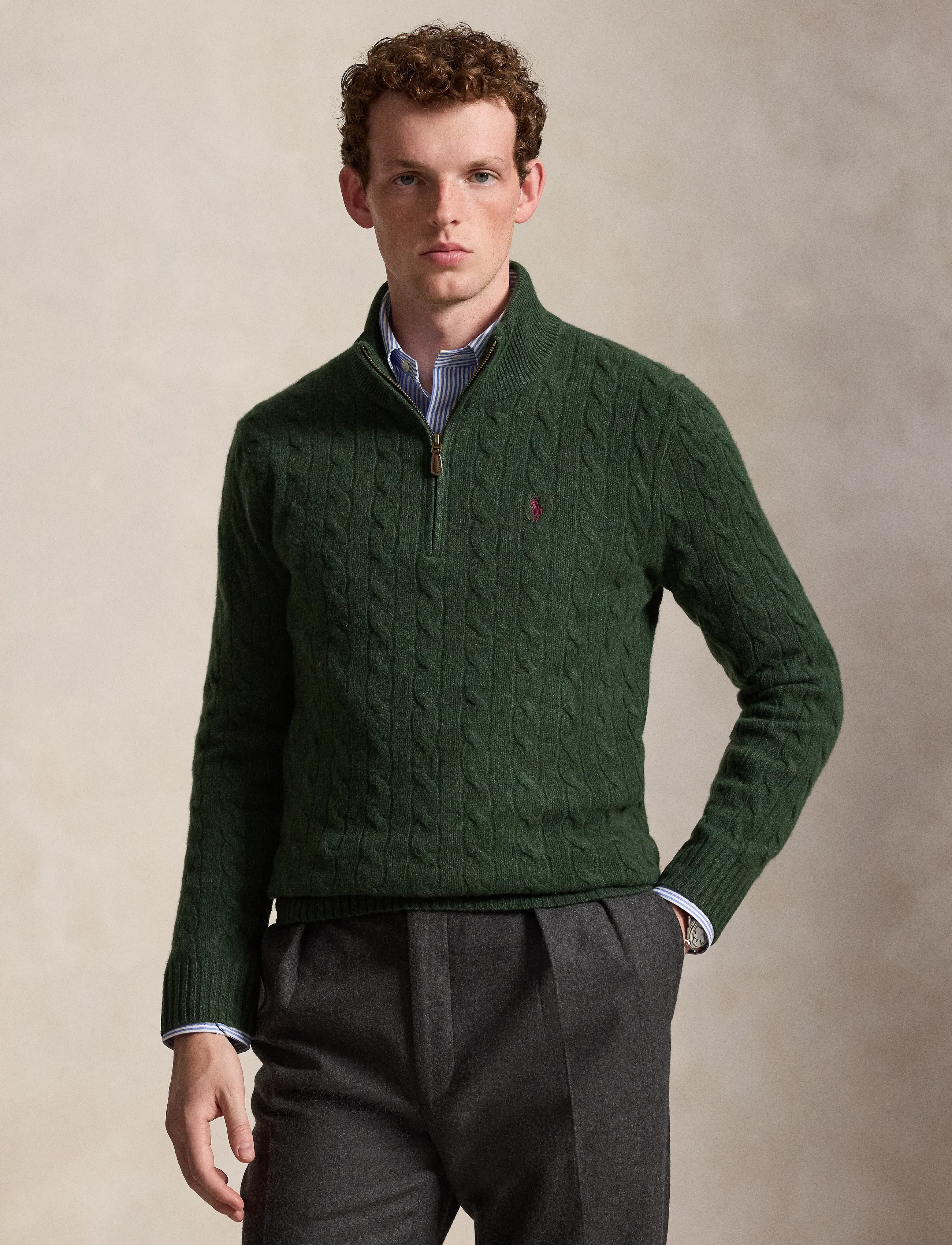 Polo Ralph Lauren Cable-Knit Quarter-Zip Sweater - Tøj - LODGEPOLE PINE HE / green