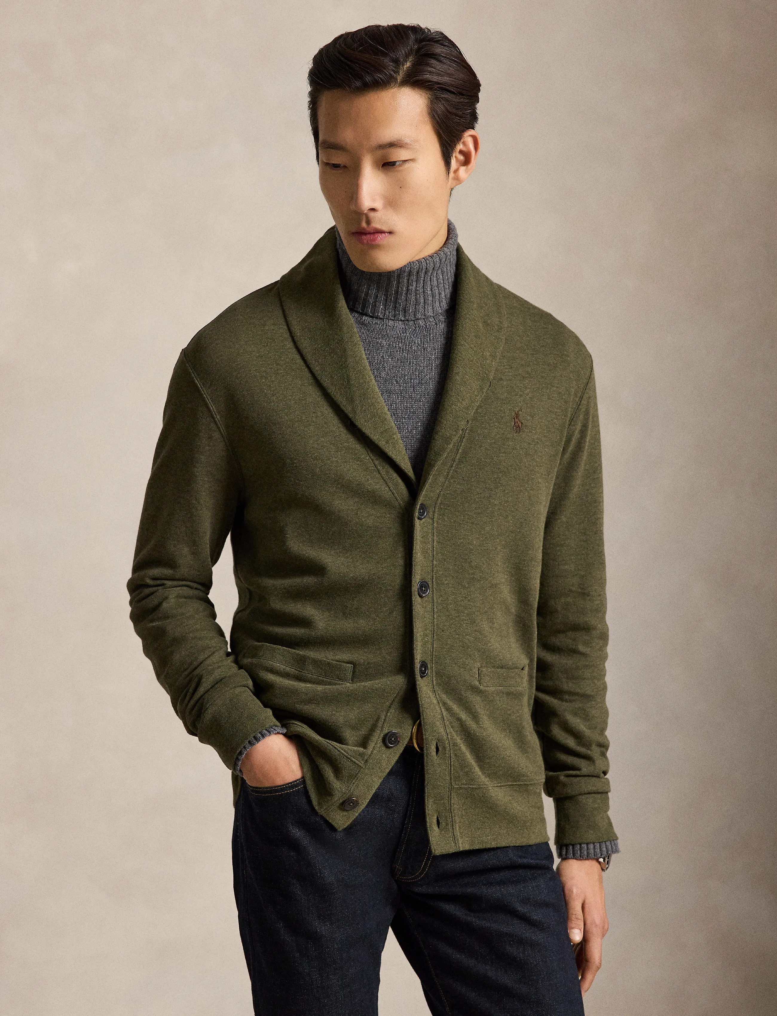 Polo Ralph Lauren Luxury Jersey Shawl-Collar Cardigan - Shop efter anledning - ALPINE HEATHER/C8 / khaki/green