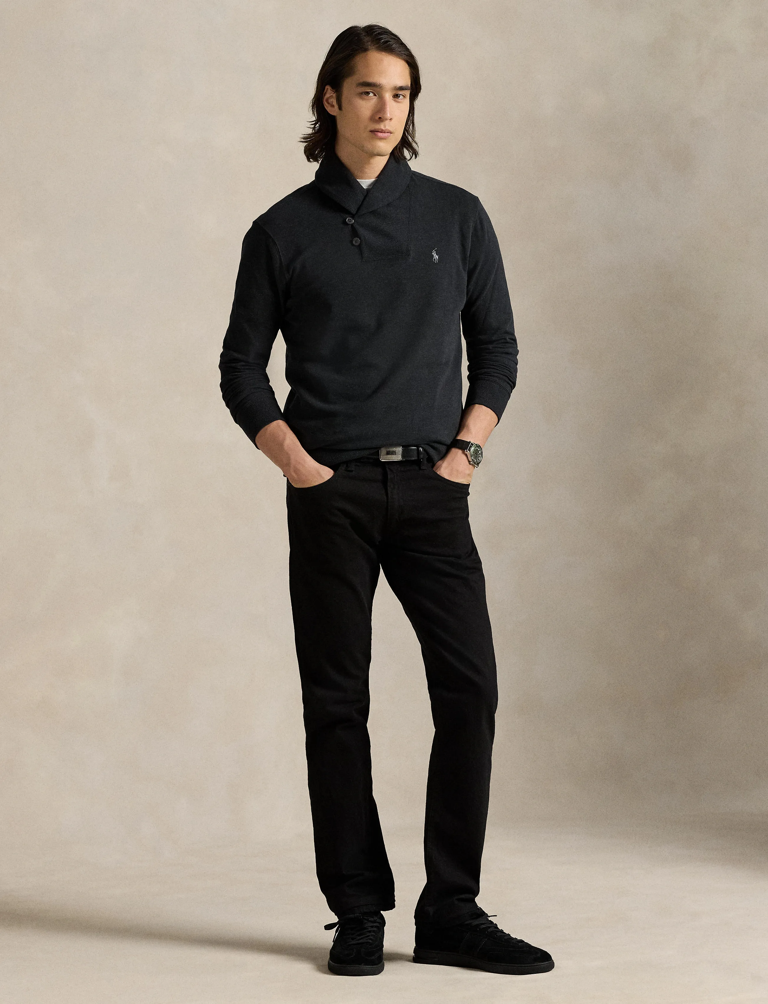 Polo Ralph Lauren Luxury Jersey Shawl-Collar Pullover - Kleidung - POLO BLACK HEATHE / navy