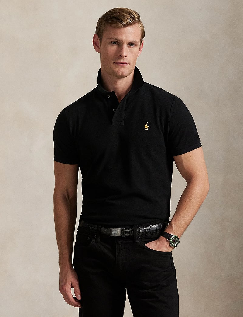 Polo Ralph Lauren - Custom Slim Plaid-Trim Mesh Polo Shirt - kortärmade pikéer - polo black - 3