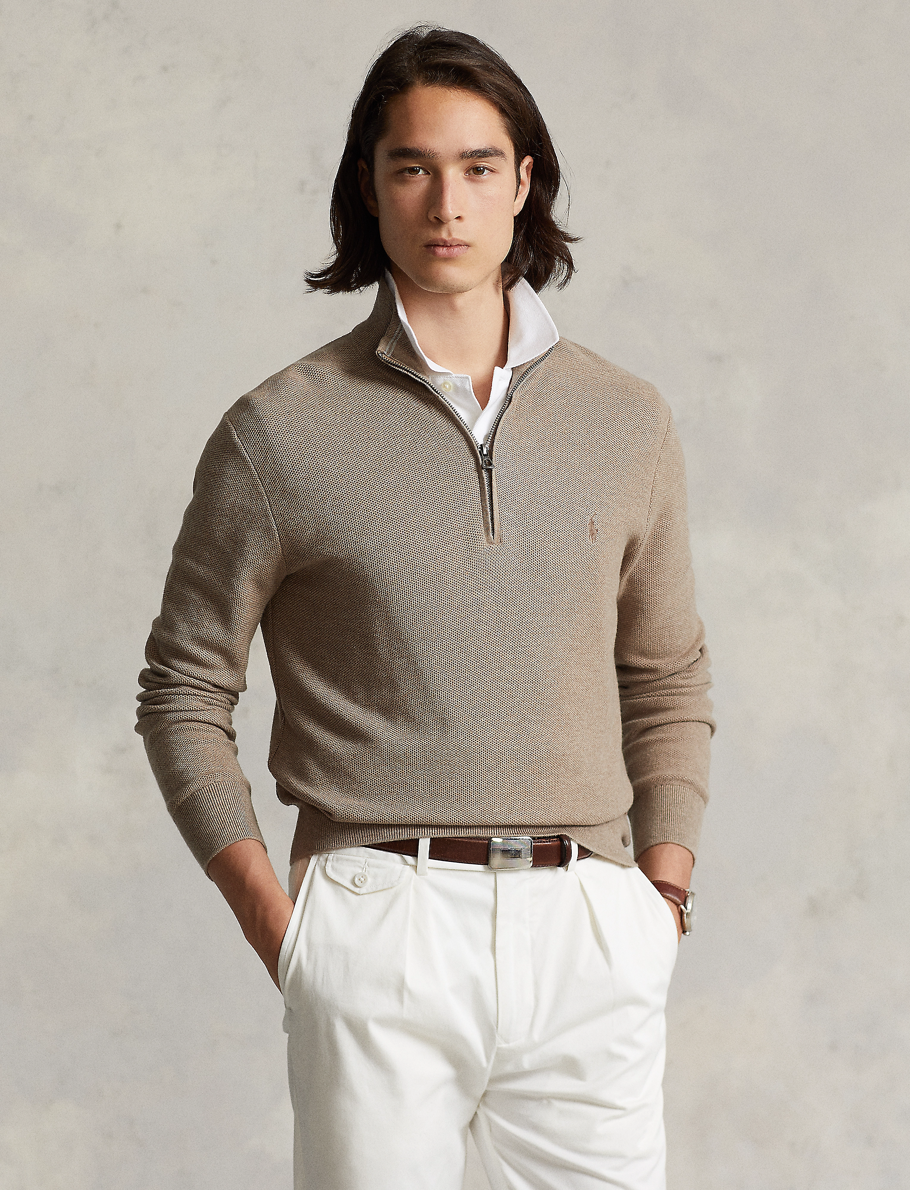Polo Ralph Lauren - Mesh-Knit Cotton Quarter-Zip Sweater - honey brown hthr - 2