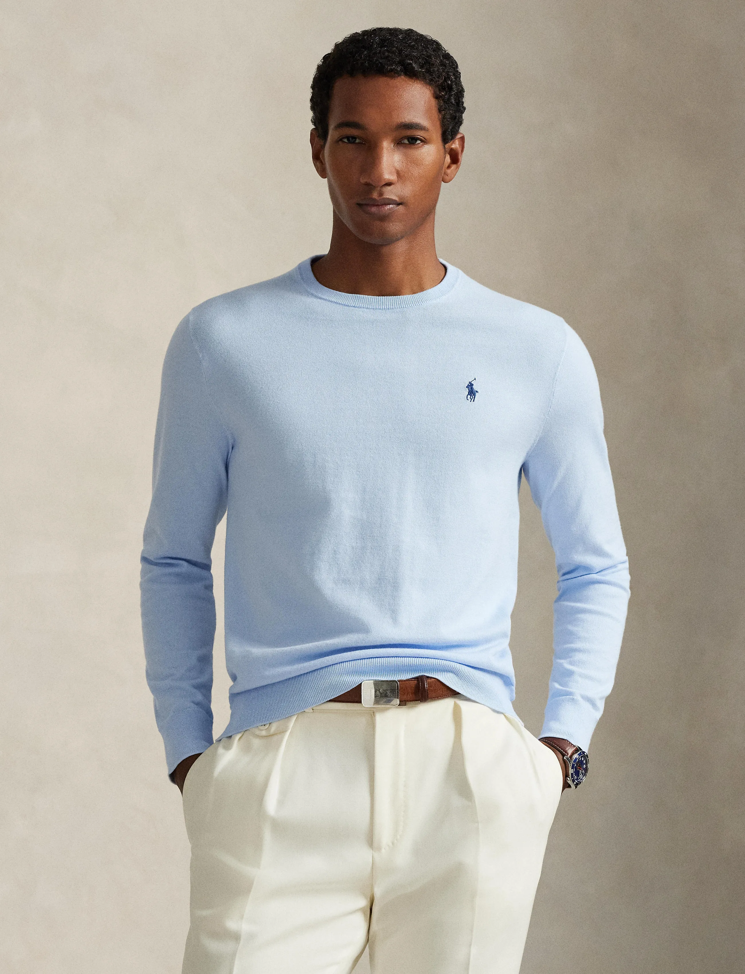 Polo Ralph Lauren - Slim Fit Textured Cotton Sweater - Ümara kaelusega - office blue - 0