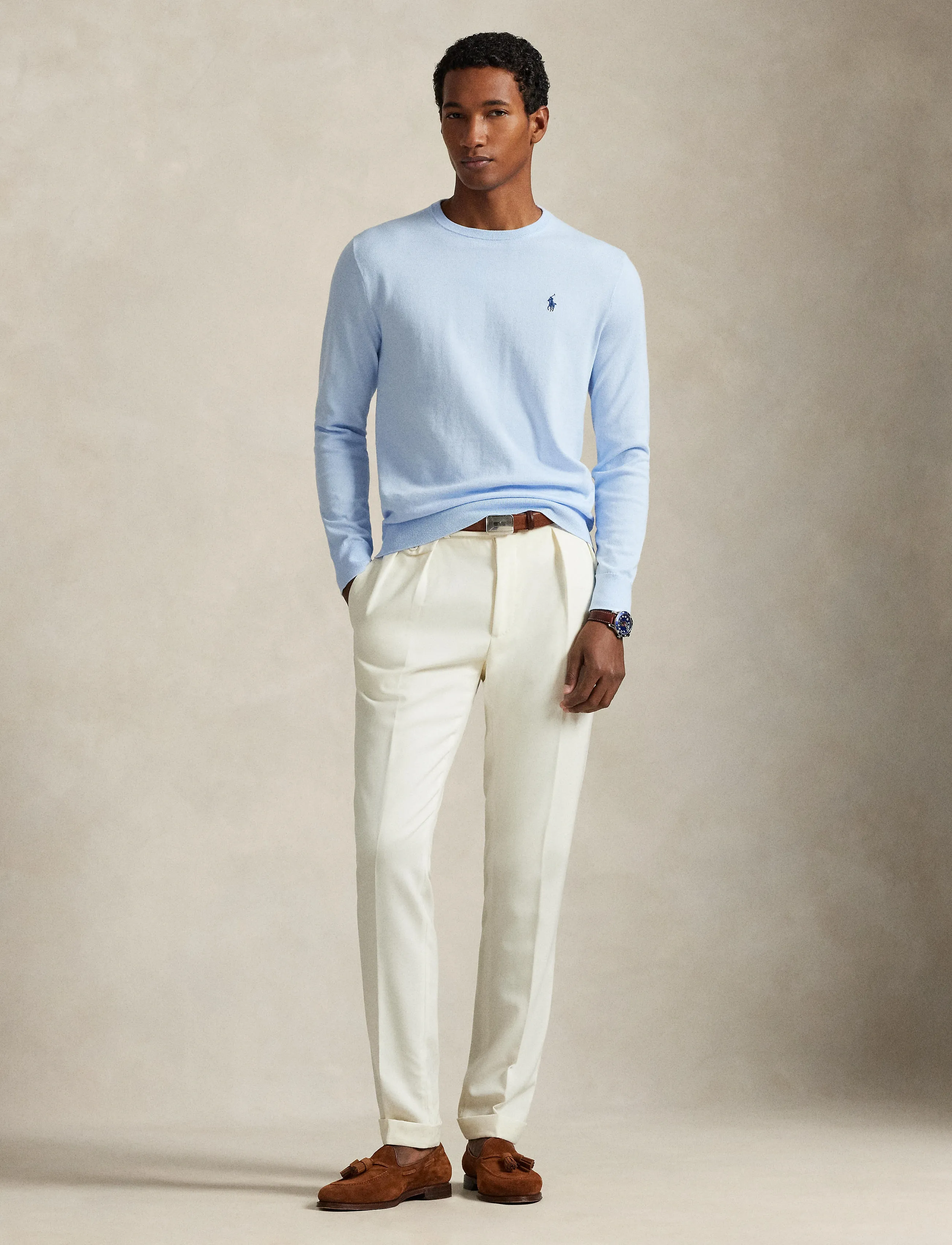 Polo Ralph Lauren - Slim Fit Textured Cotton Sweater - Ümara kaelusega - office blue - 3