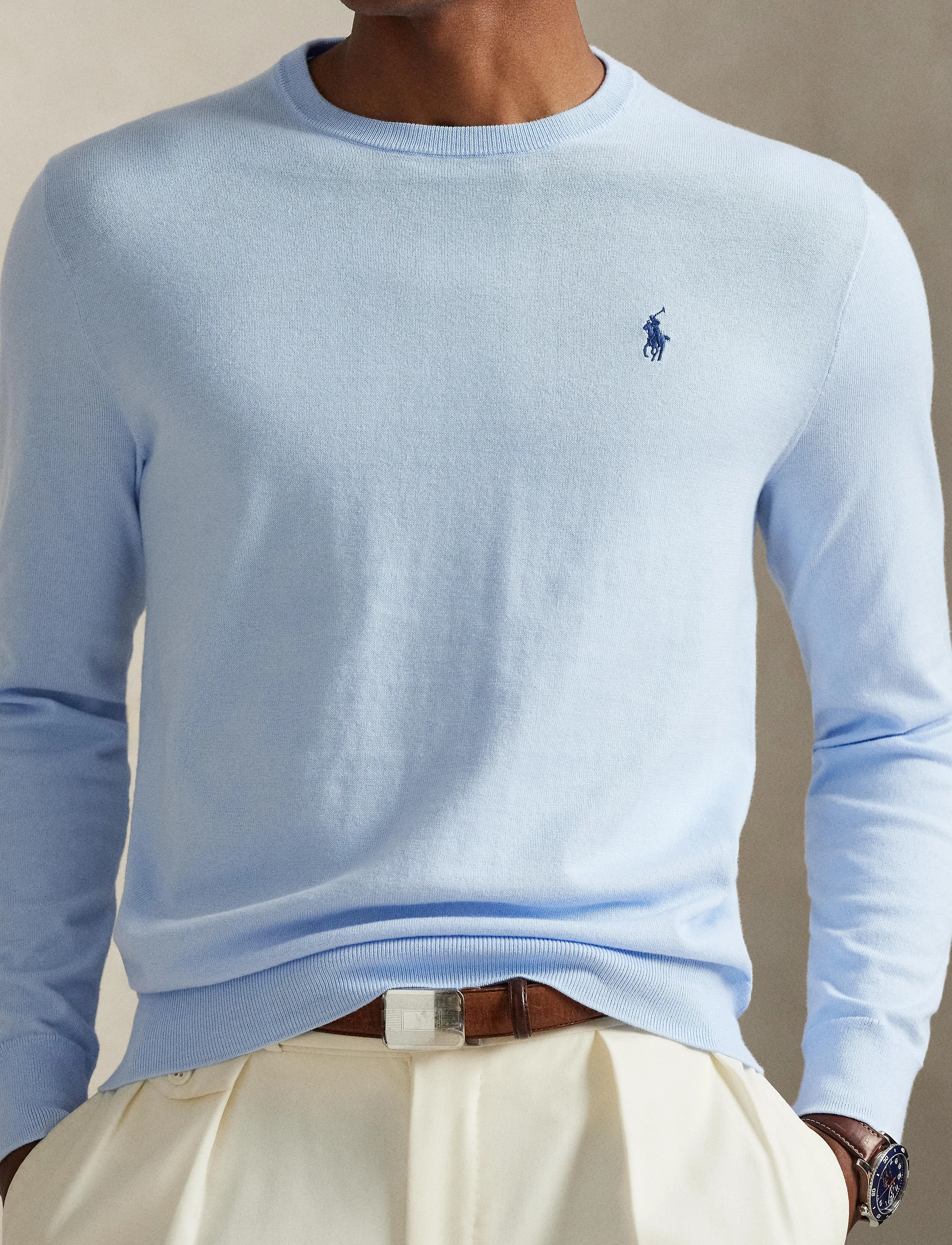 Polo Ralph Lauren - Slim Fit Textured Cotton Sweater - Ümara kaelusega - office blue - 4