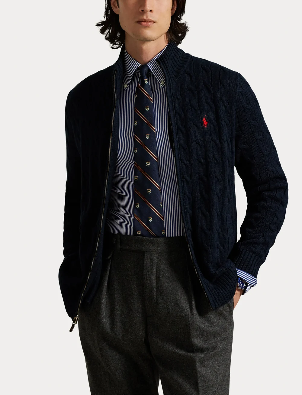 Polo Ralph Lauren - Cable-Knit Cotton Full-Zip Sweater - fullzip strik - hunter navy - 5