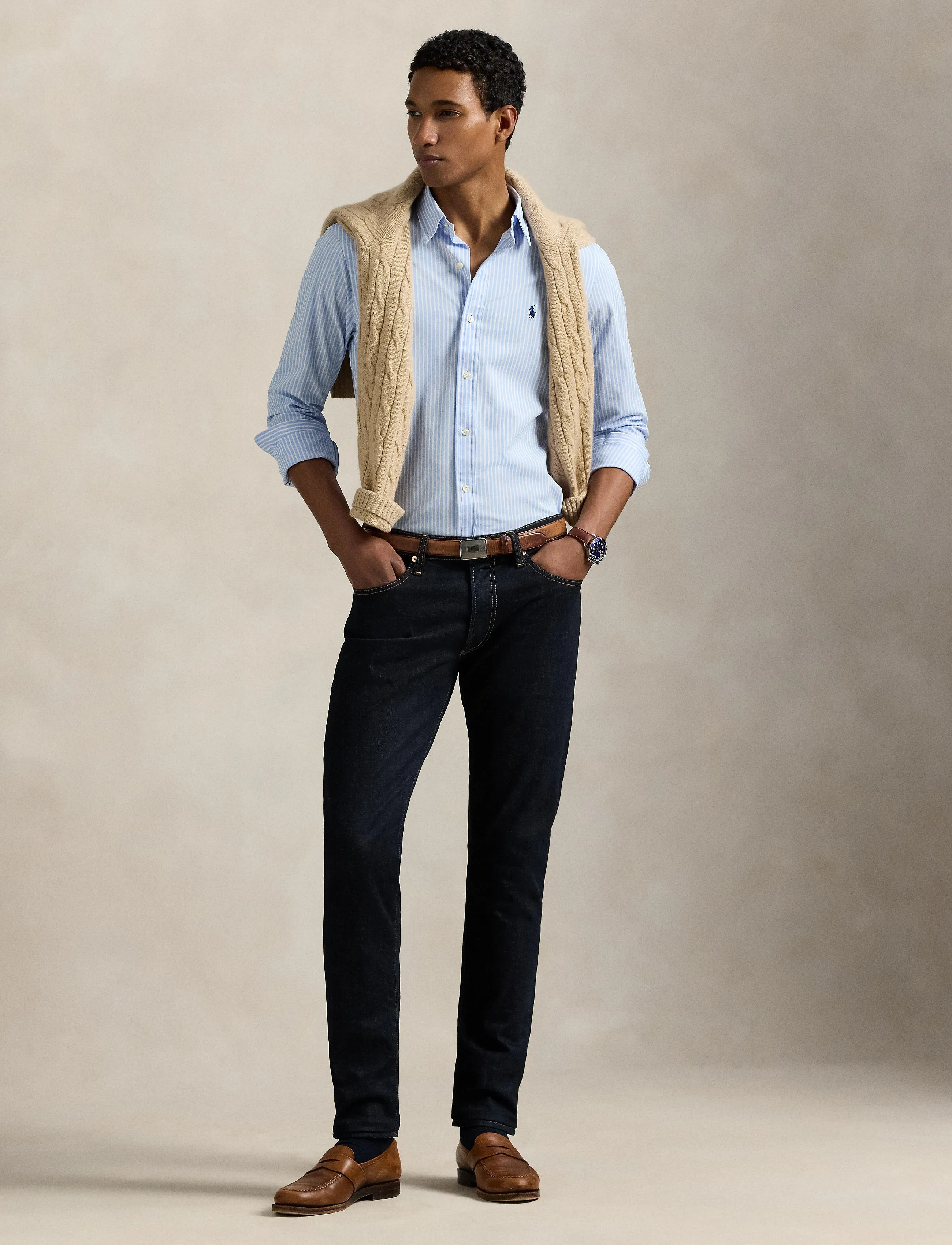 Slim Fit Striped Stretch Poplin Shirt - 6779F AUSTIN BLUE