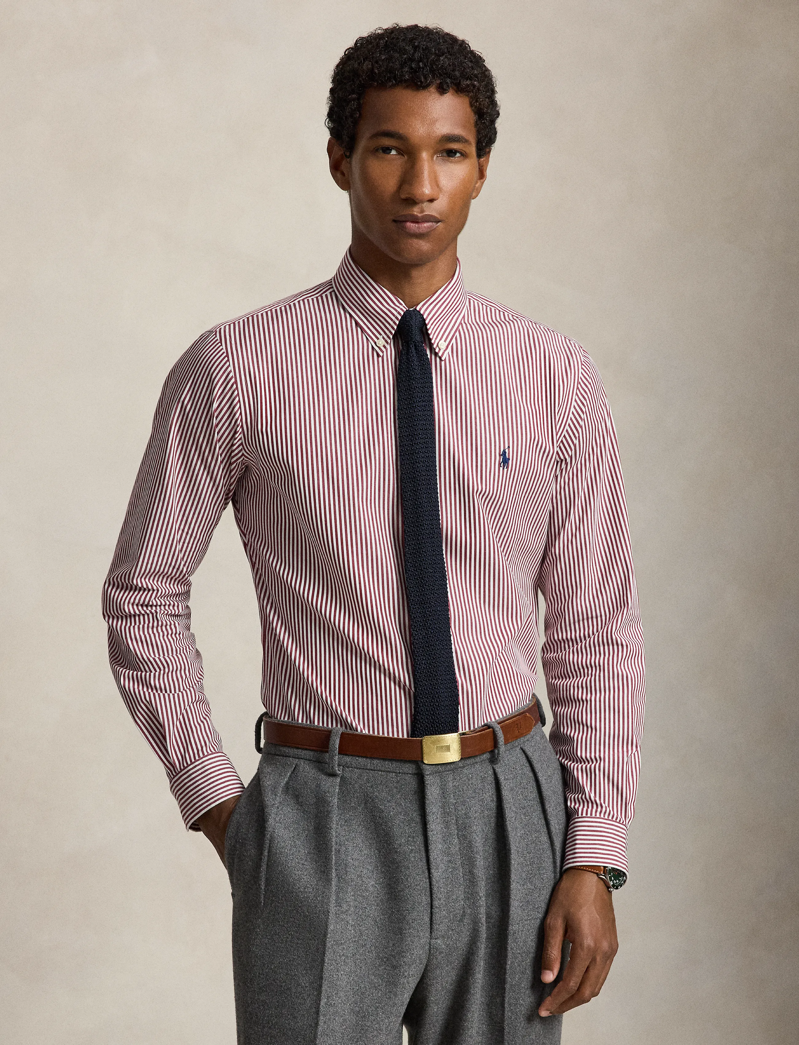 Polo Ralph Lauren Custom Fit Striped Stretch Poplin Shirt - Shirts - 4655B WINE WHITE / burgundy