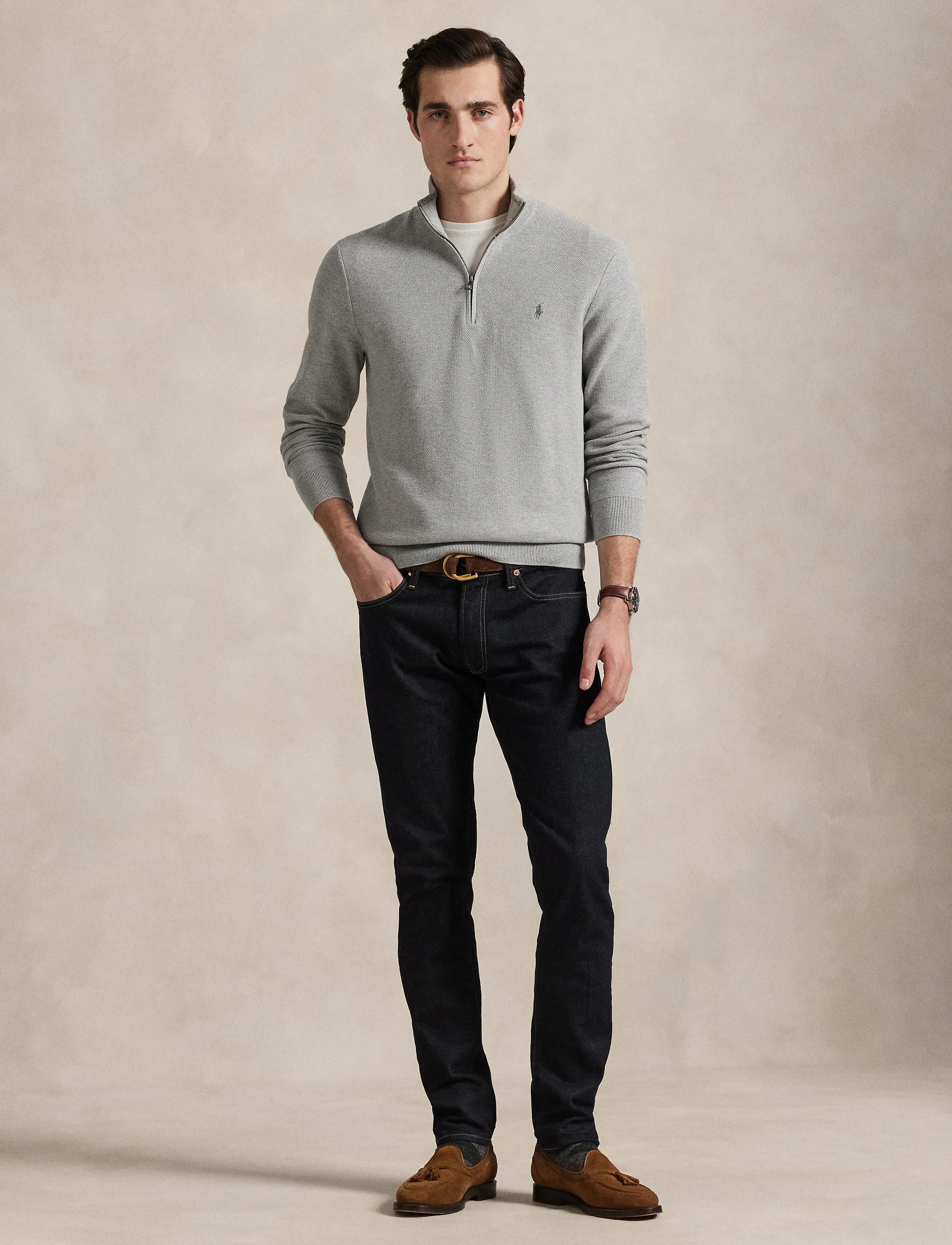Polo Ralph Lauren Mesh-Knit Cotton Quarter-Zip Sweater, Mænd, Strikket Quarter-Zip Trøje, Grå, Str: XL
