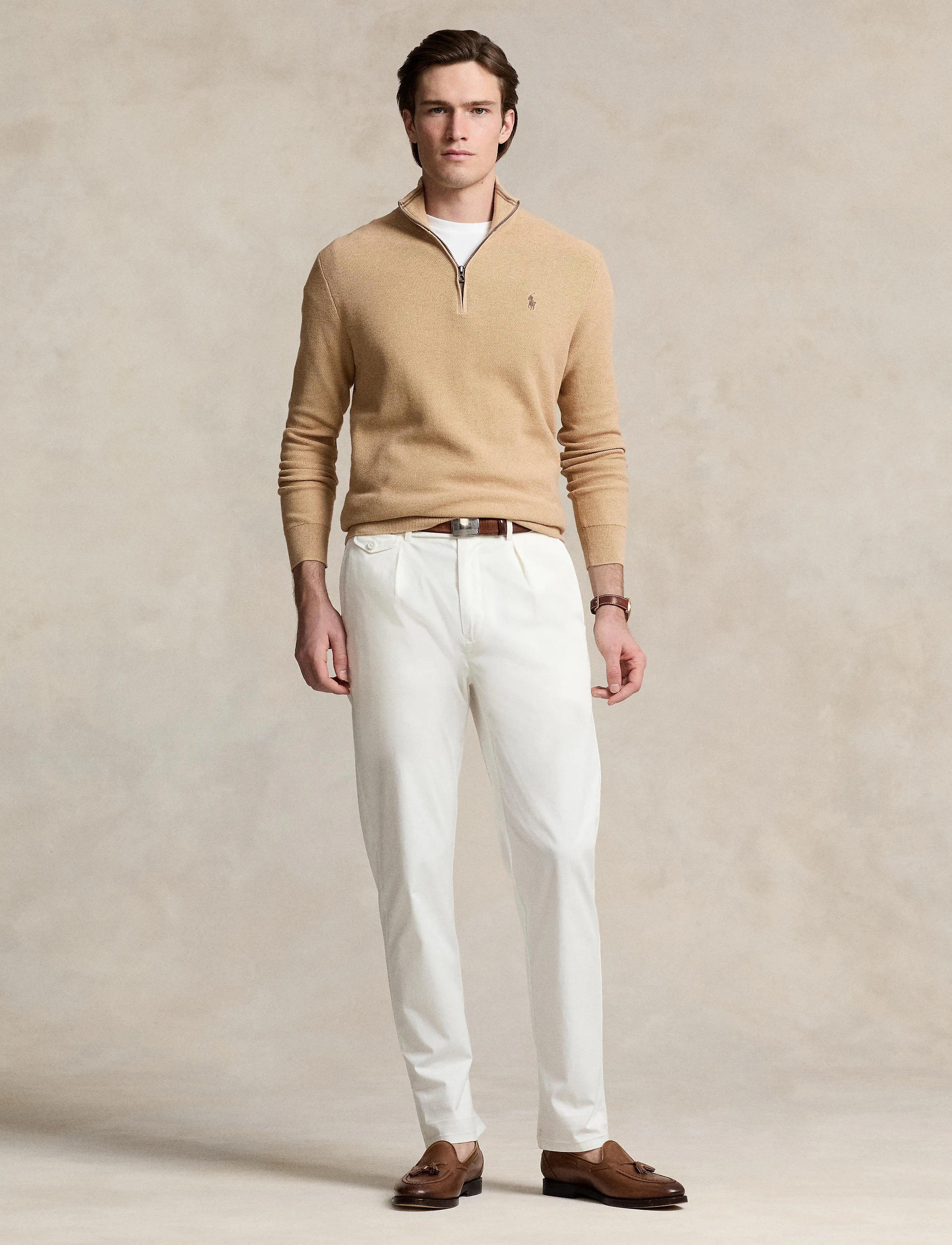 Polo Ralph Lauren Mesh-Knit Cotton Quarter-Zip Sweater, Mænd, Strikket Quarter-Zip Trøje, Beige, Str: XL