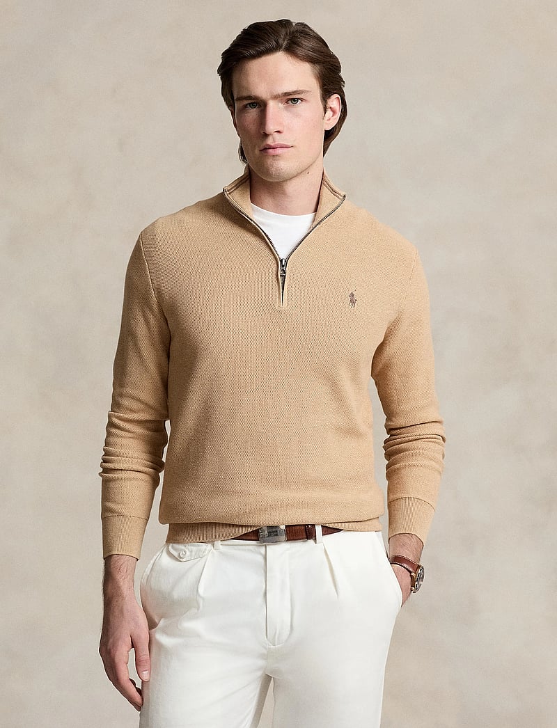 Polo Ralph Lauren - Mesh-Knit Cotton Quarter-Zip Sweater - half zip-tröjor - camel melange - 3