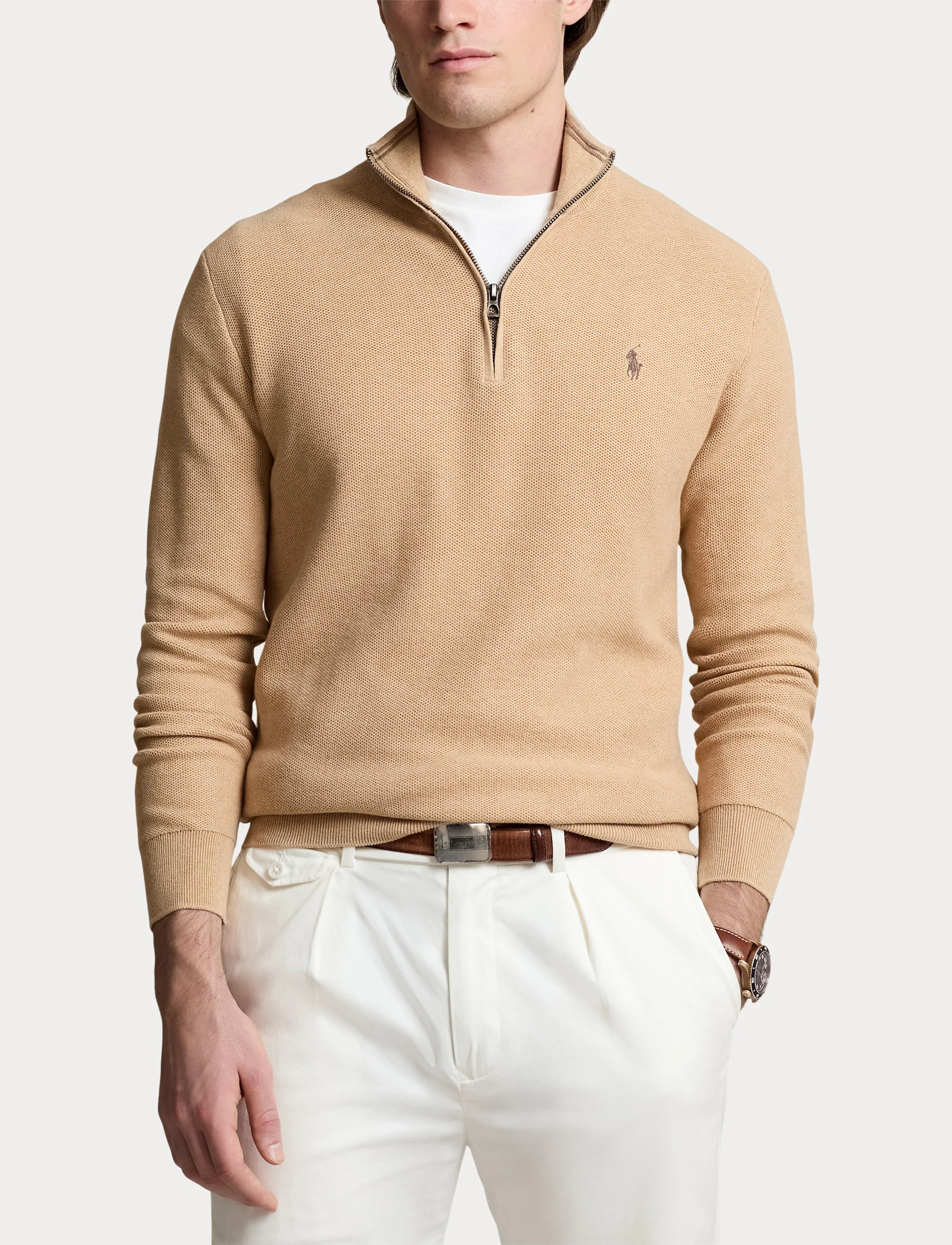 Pikéstickad tröja i beige bomull 6