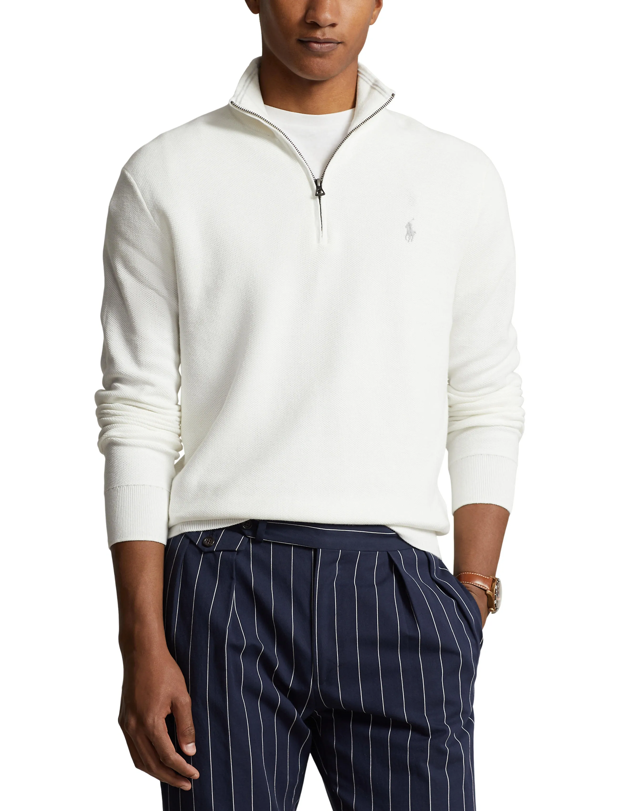 Polo Ralph Lauren Mesh-Knit Cotton Quarter-Zip Sweater, Mænd, Strikket Quarter-Zip Trøje, Hvid, Str: M
