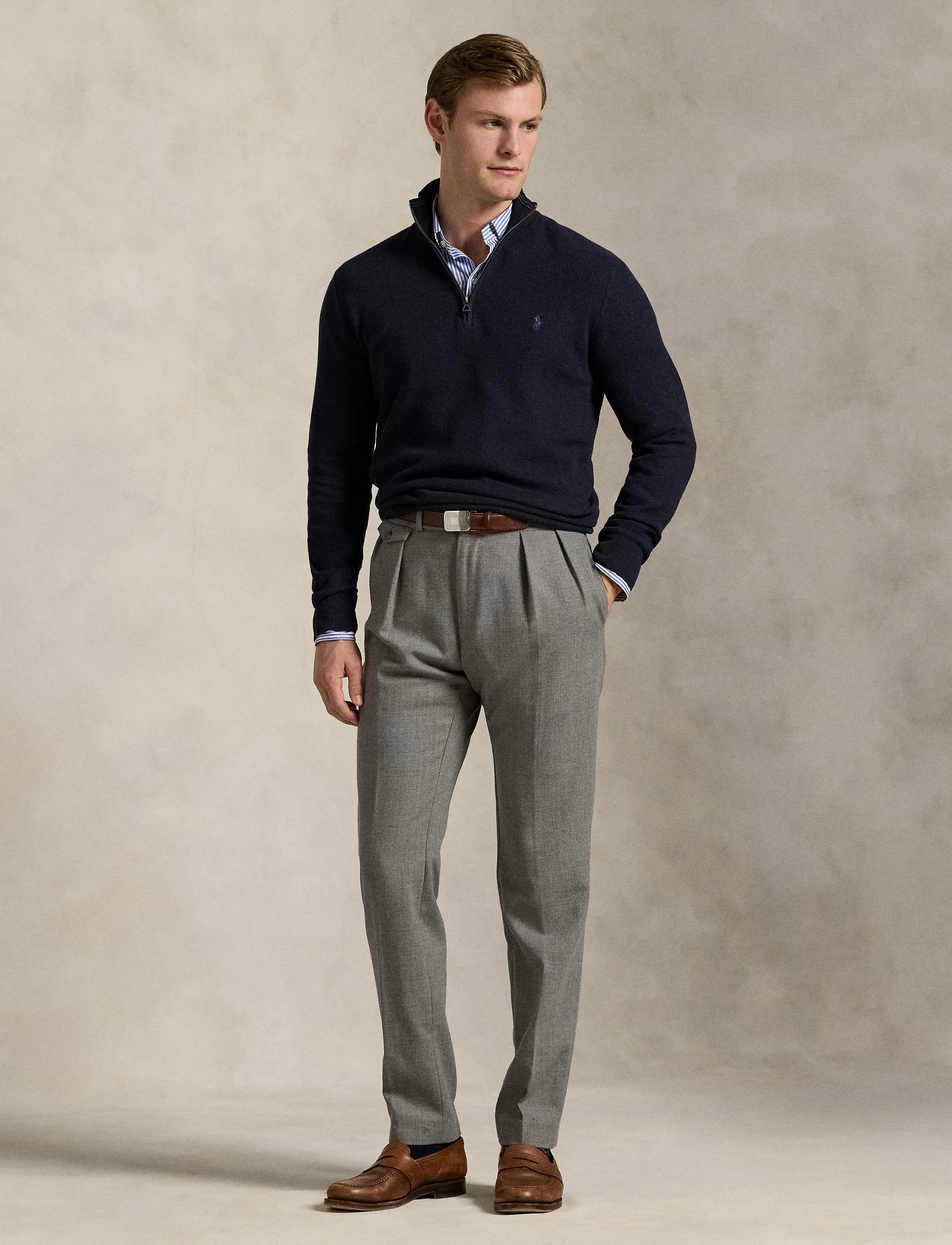 Polo Ralph Lauren Mesh-Knit Cotton Quarter-Zip Sweater, Mænd, Strikket Quarter-Zip Trøje, Navy, Str: S