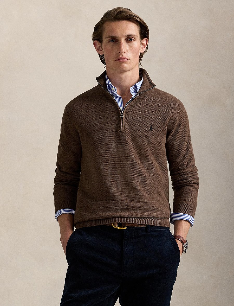 Polo Ralph Lauren - Mesh-Knit Cotton Quarter-Zip Sweater - tõmblukk-kaelusega džemprid - nutmeg brown heat - 3