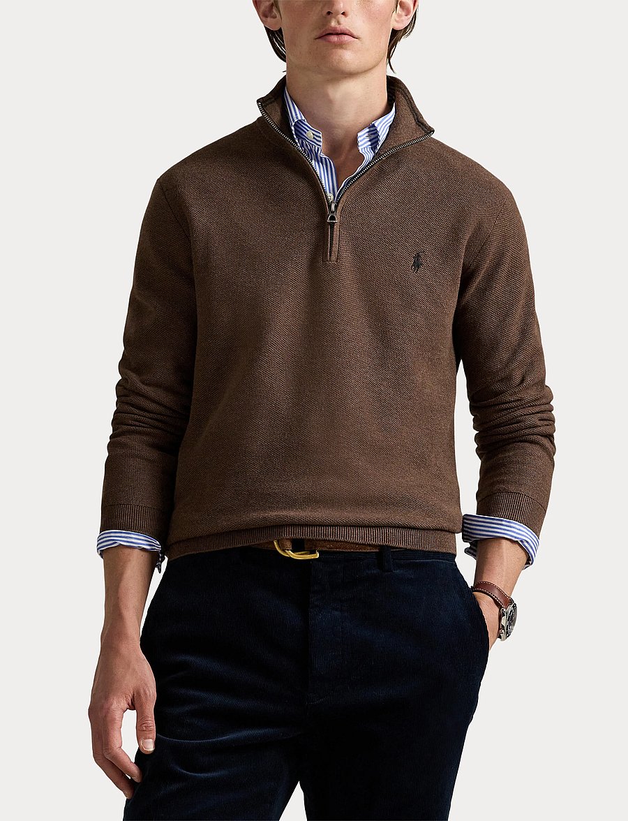 Polo Ralph Lauren - Mesh-Knit Cotton Quarter-Zip Sweater - tõmblukk-kaelusega džemprid - nutmeg brown heat - 5