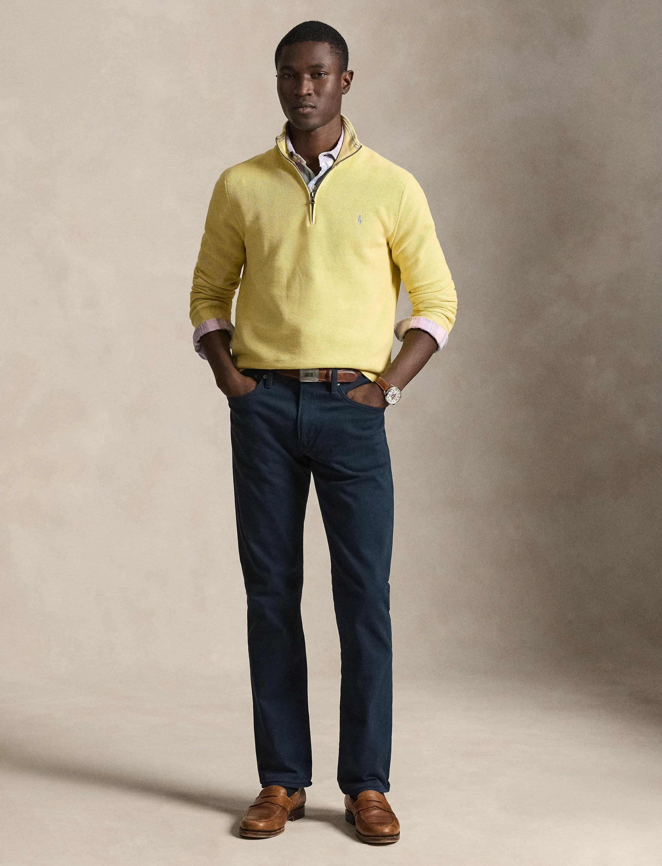 Polo Ralph Lauren Mesh-Knit Cotton Quarter-Zip Sweater, Mænd, Strikket Quarter-Zip Trøje, Gul, Str: XS