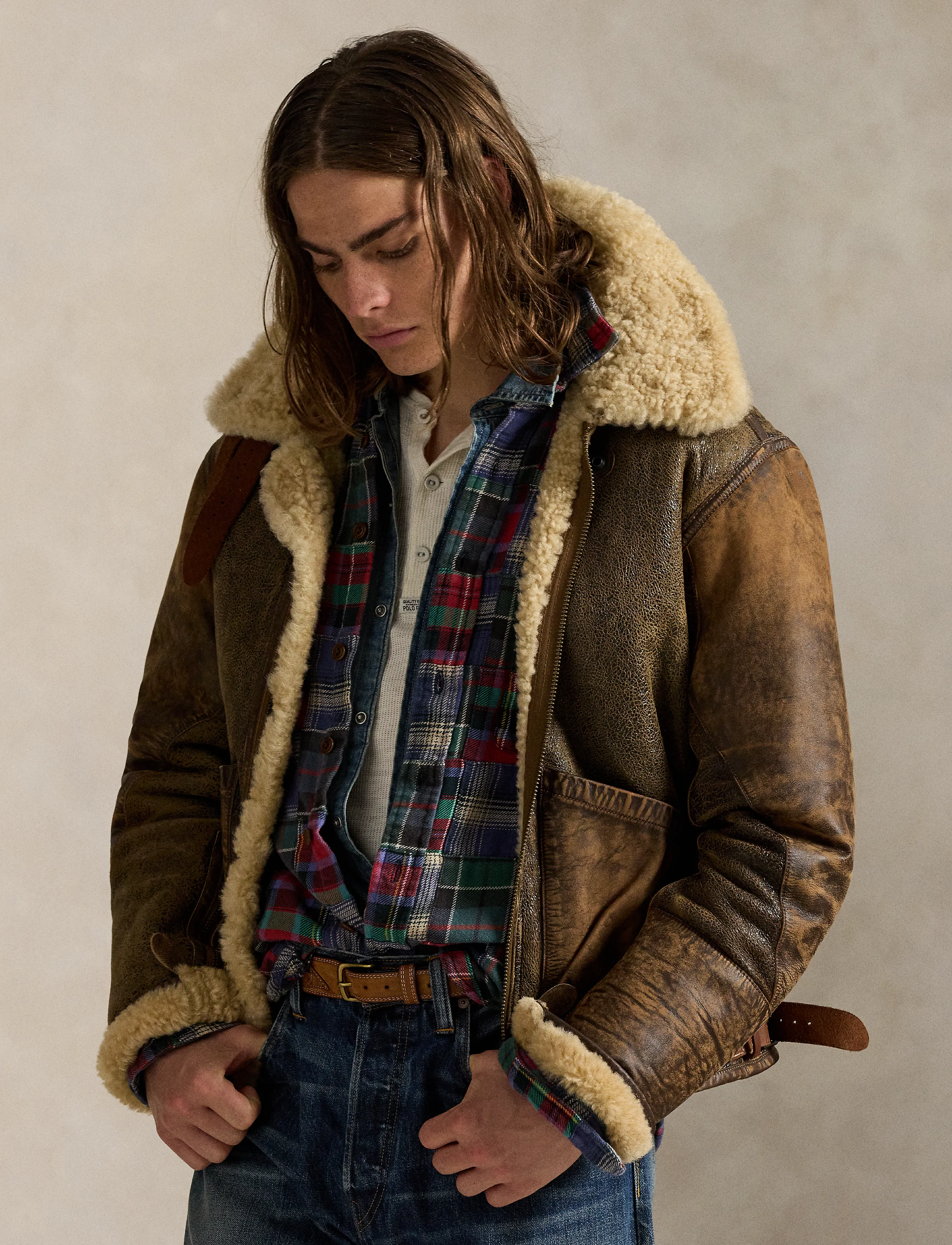 Leather-Trim Shearling Flight Jacket