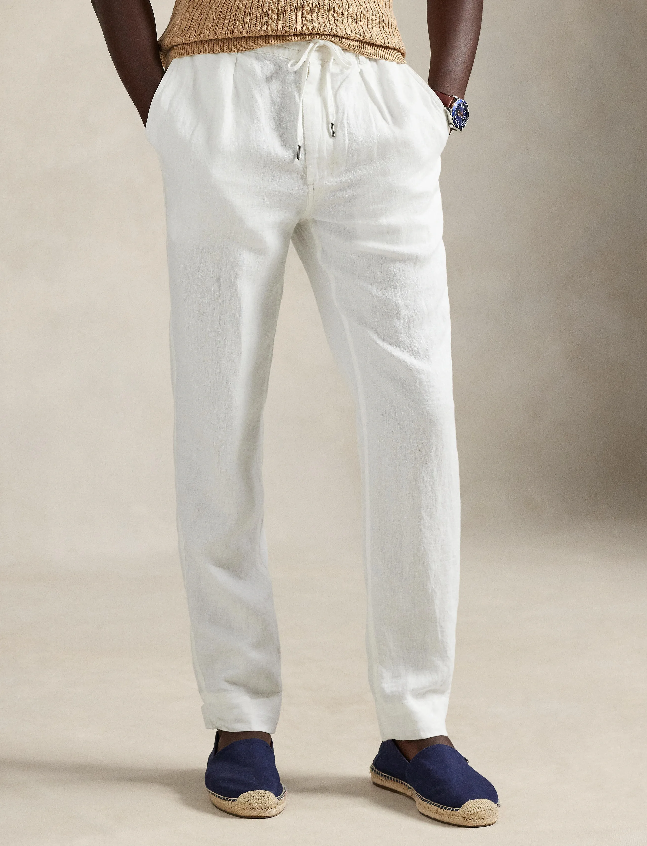 Polo Ralph Lauren Lateef Slim Tapered Fit Linen Pant, Mænd, Hørbukser Med Snøre, Hvid, Str: XL