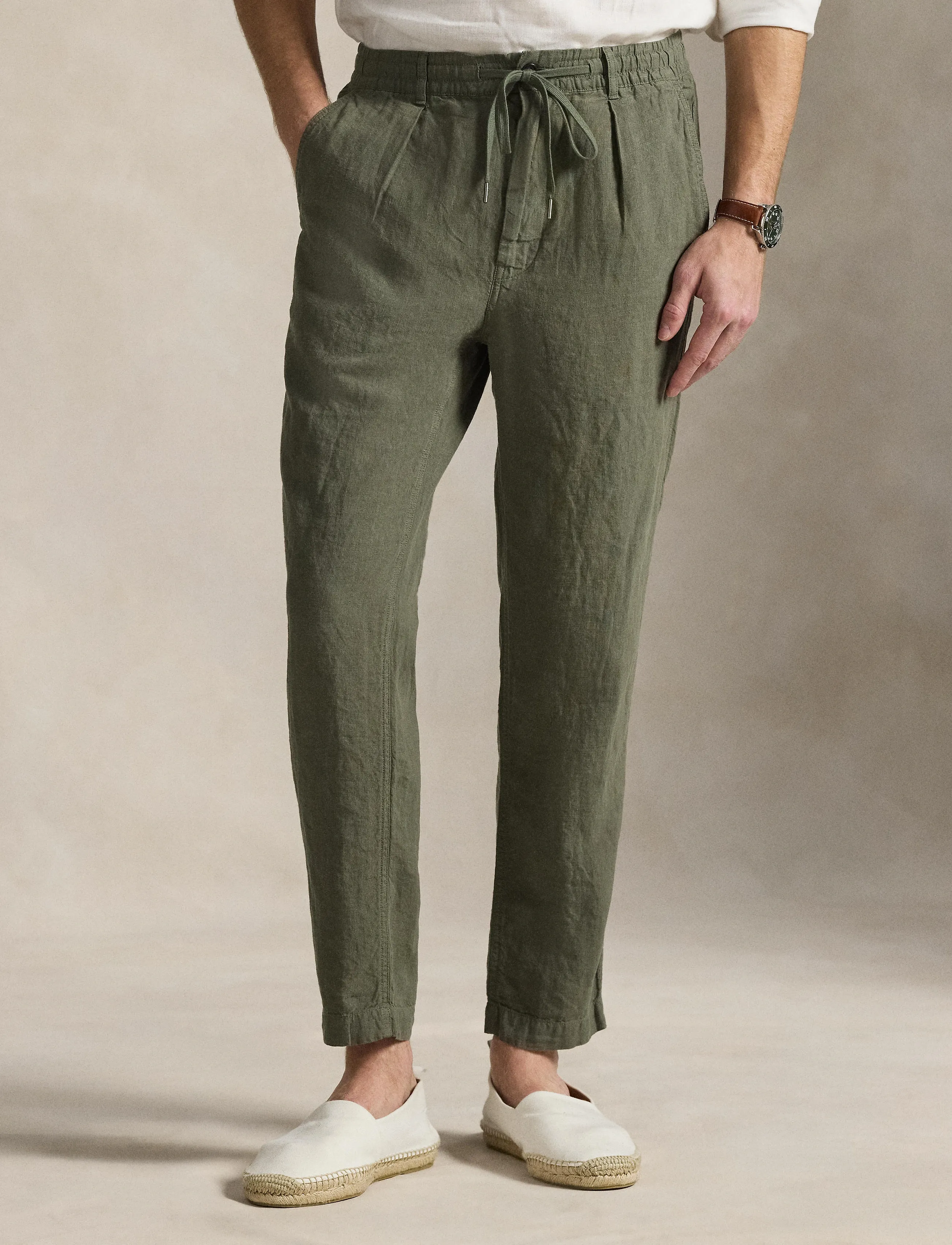 Polo Ralph Lauren Lateef Slim Tapered Fit Linen Pant, Mænd, Hørbukser Med Snøre, Kakigrøn, Str: XL