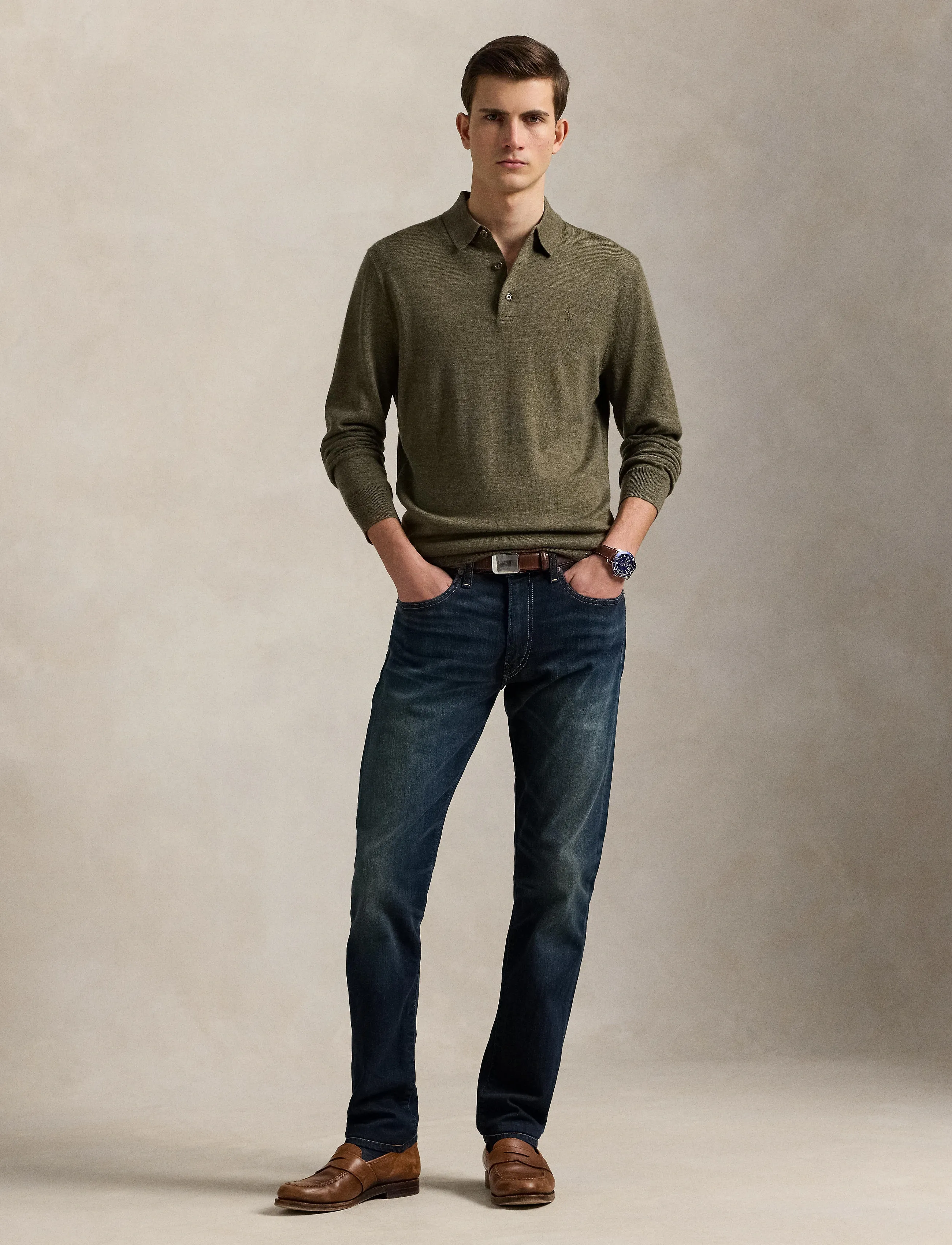 Polo Ralph Lauren Washable Wool Polo-Collar Sweater, XS, Khaki green, Strik > Langærmede Strikkede Poloer, Herre