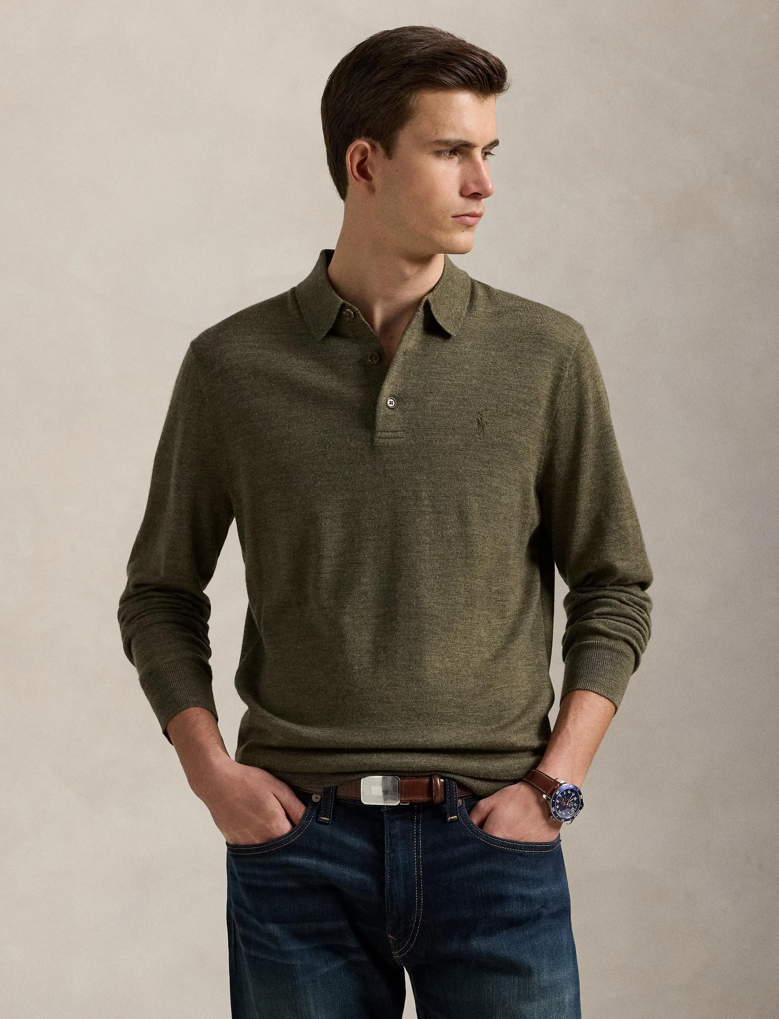 Polo Ralph Lauren - Washable Wool Polo-Collar Sweater - poloer i strik med lange ærmer - cargo olive heath - 3