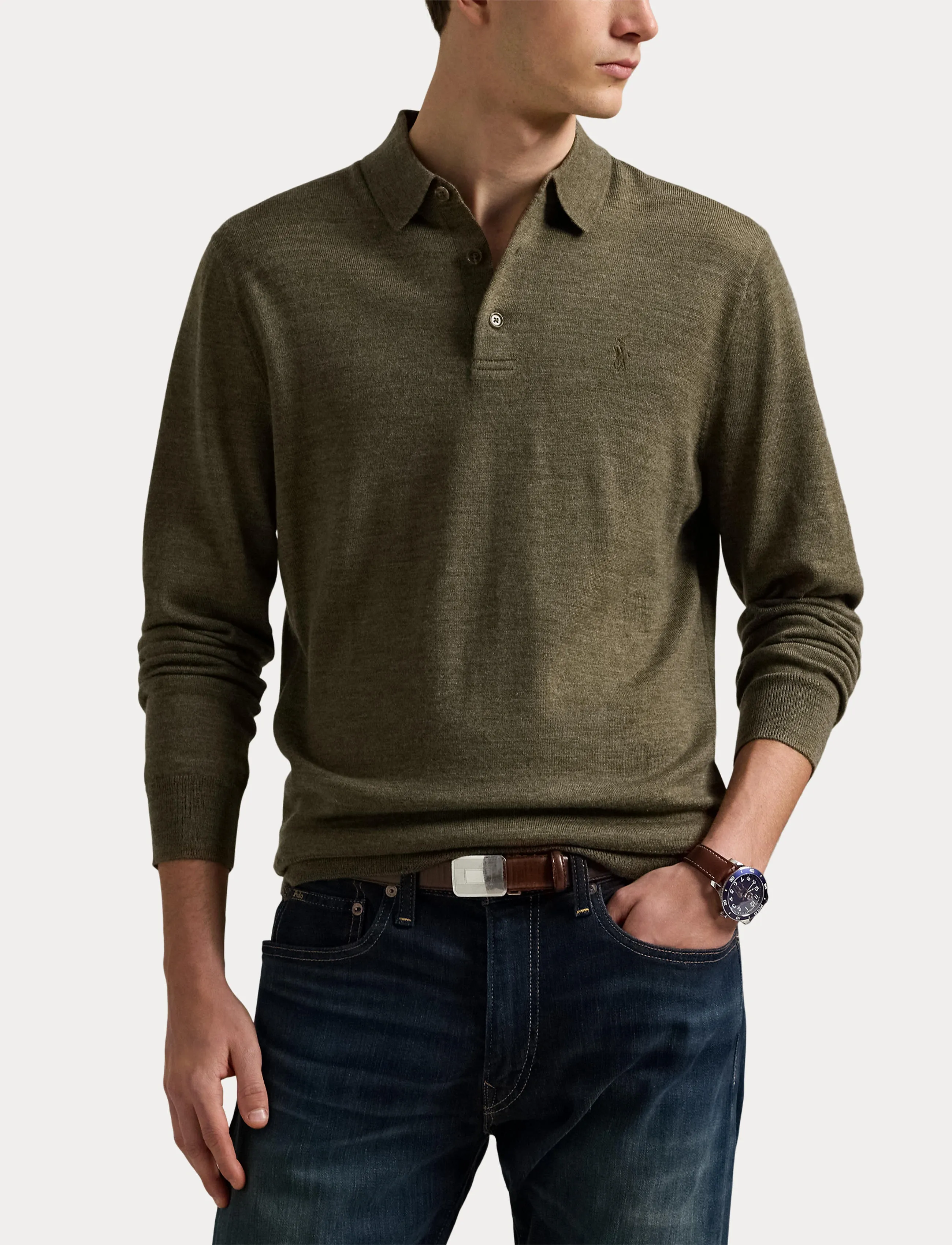Polo Ralph Lauren - Washable Wool Polo-Collar Sweater - poloer i strik med lange ærmer - cargo olive heath - 5