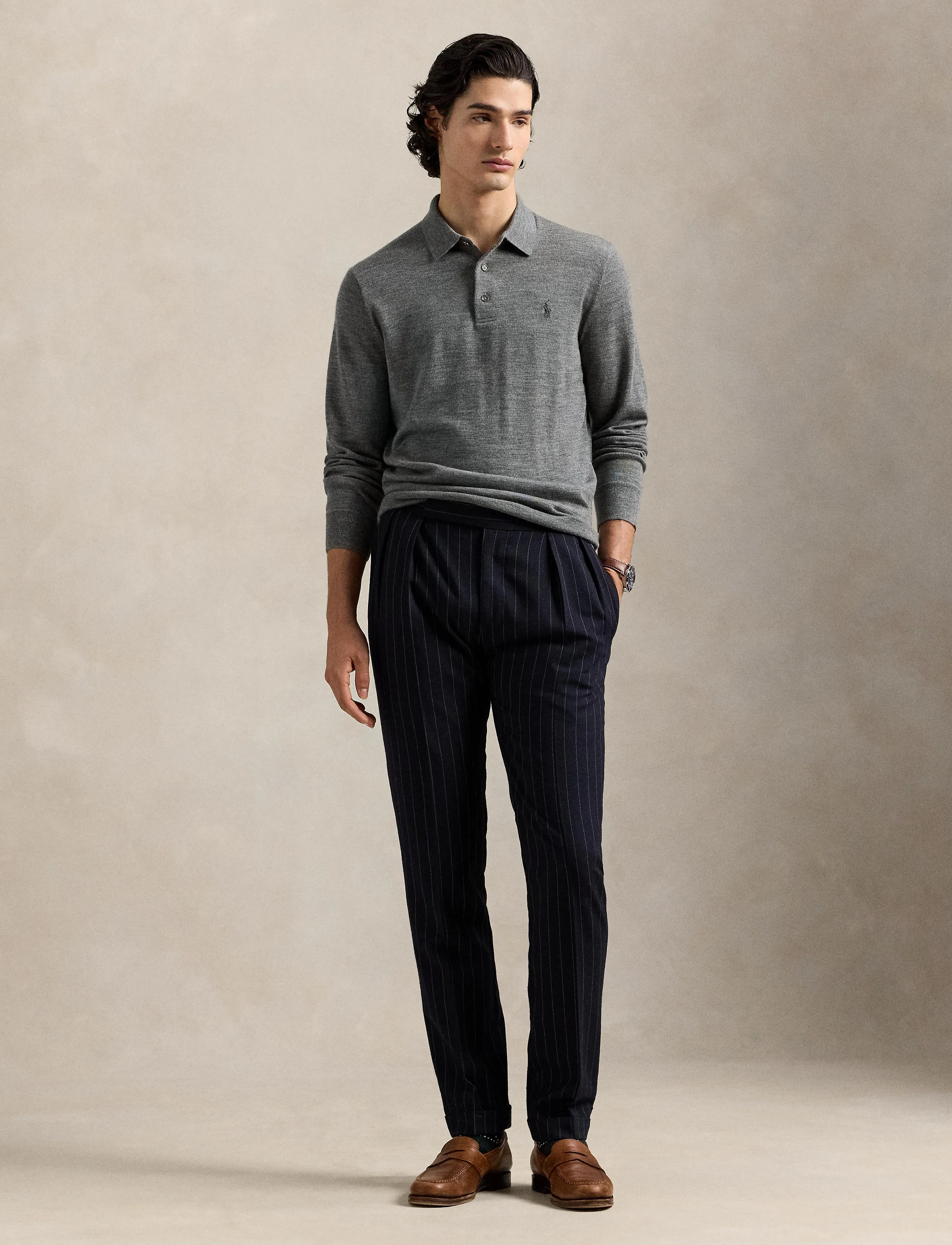 Polo Ralph Lauren Washable Wool Polo-Collar Sweater, XS, Grey, Strik > Langærmede Strikkede Poloer, Herre