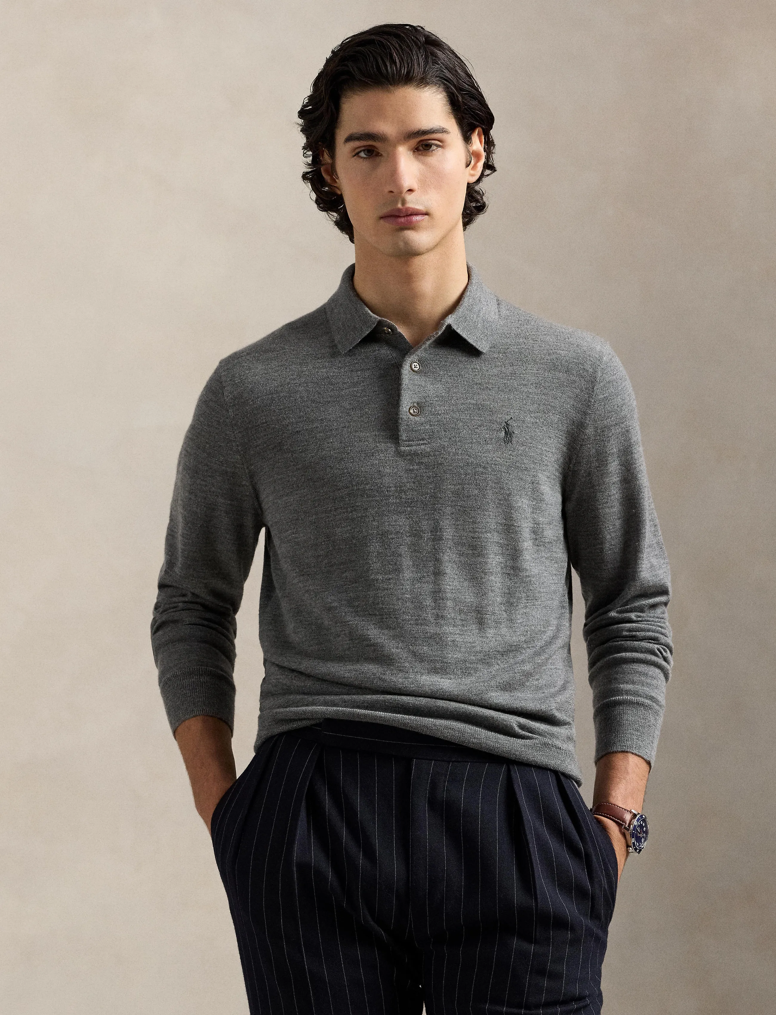 Polo Ralph Lauren - Washable Wool Polo-Collar Sweater - långärmade stickade pikétröjor - fawn grey heather - 3