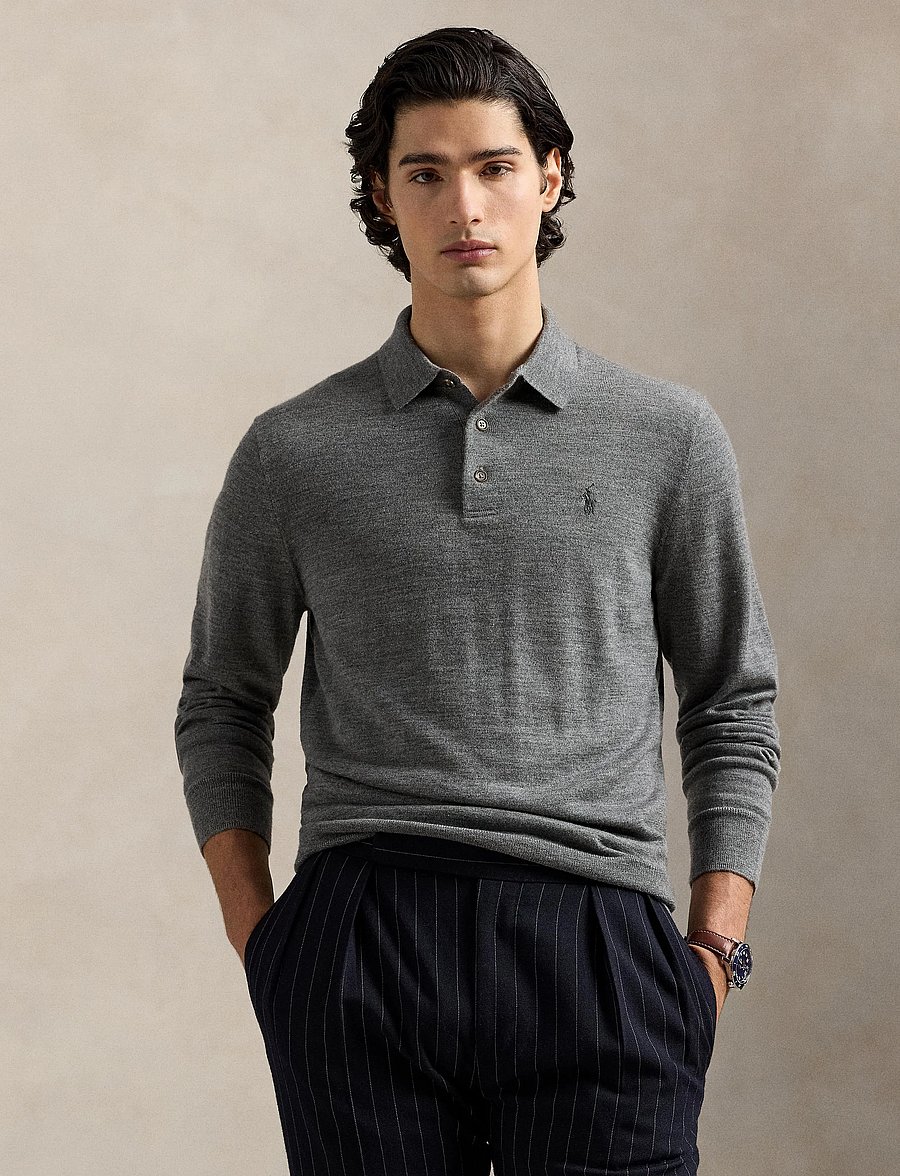 Polo Ralph Lauren - Washable Wool Polo-Collar Sweater - långärmade stickade pikétröjor - fawn grey heather - 3