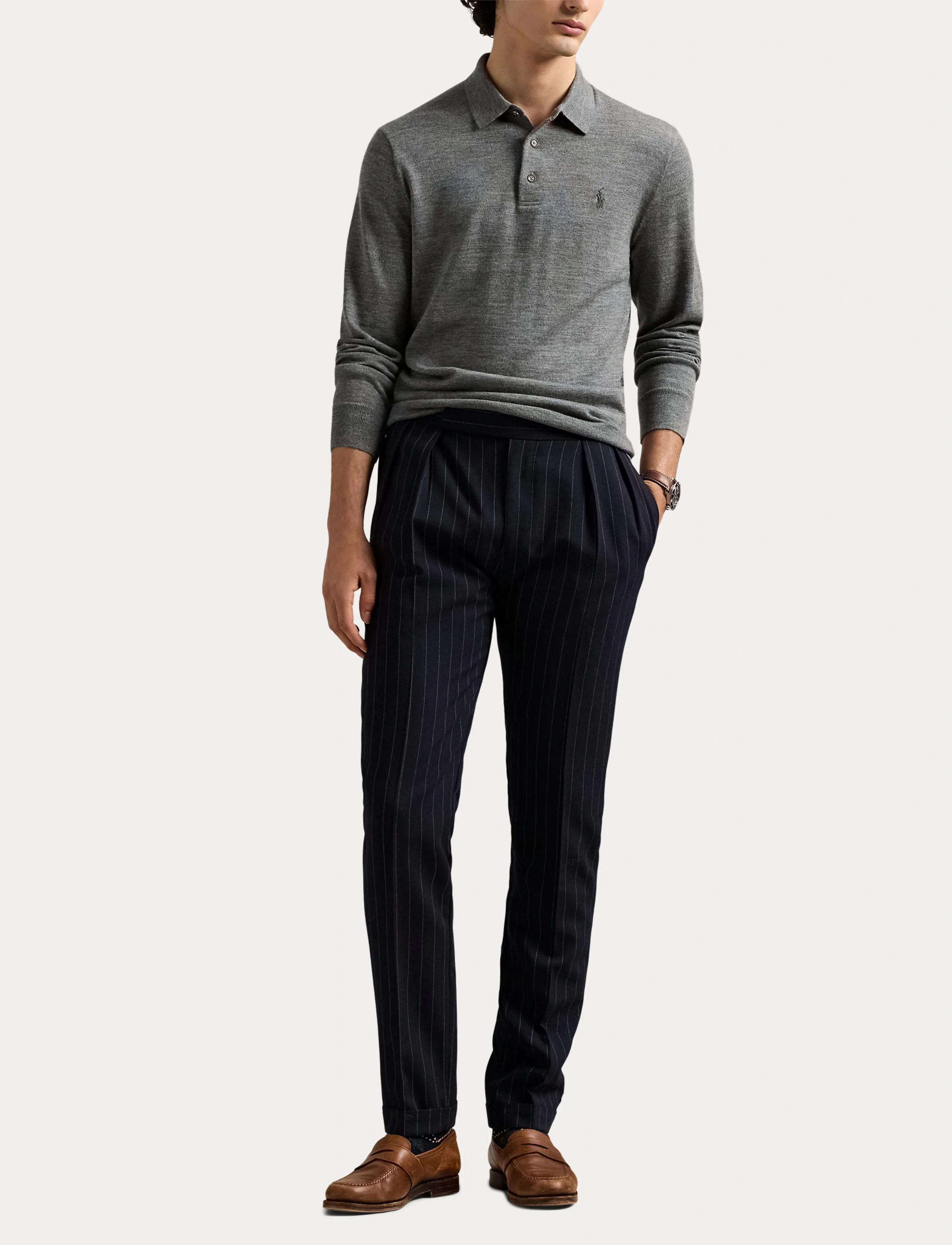 Polo Ralph Lauren - Washable Wool Polo-Collar Sweater - långärmade stickade pikétröjor - fawn grey heather - 4