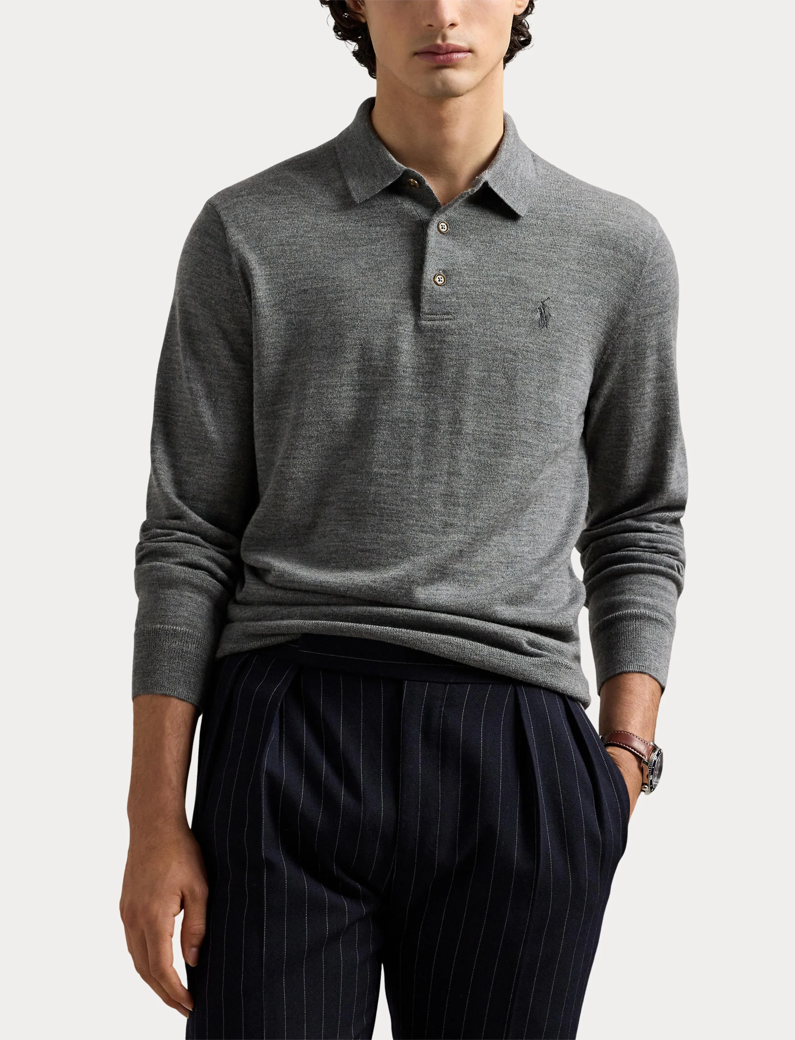 Polo Ralph Lauren - Washable Wool Polo-Collar Sweater - långärmade stickade pikétröjor - fawn grey heather - 5