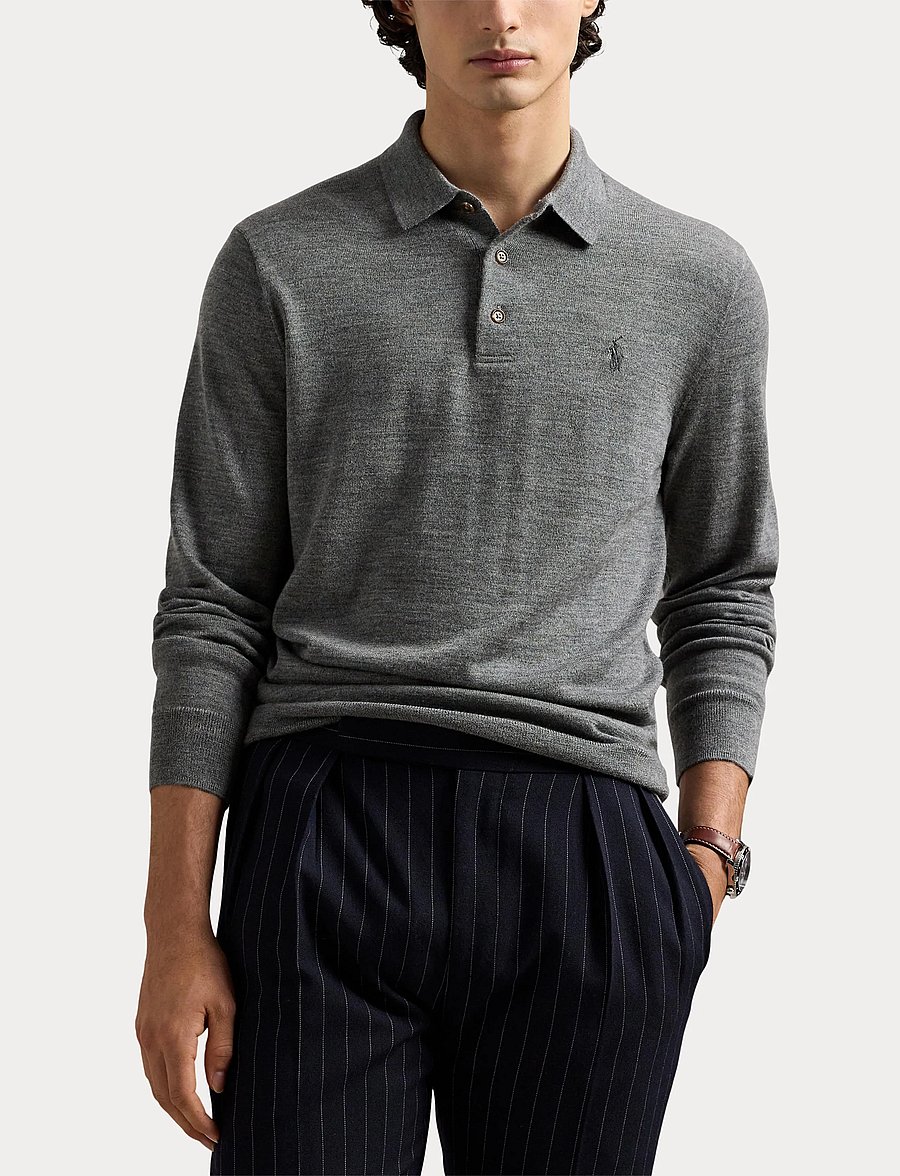 Polo Ralph Lauren - Washable Wool Polo-Collar Sweater - långärmade stickade pikétröjor - fawn grey heather - 5