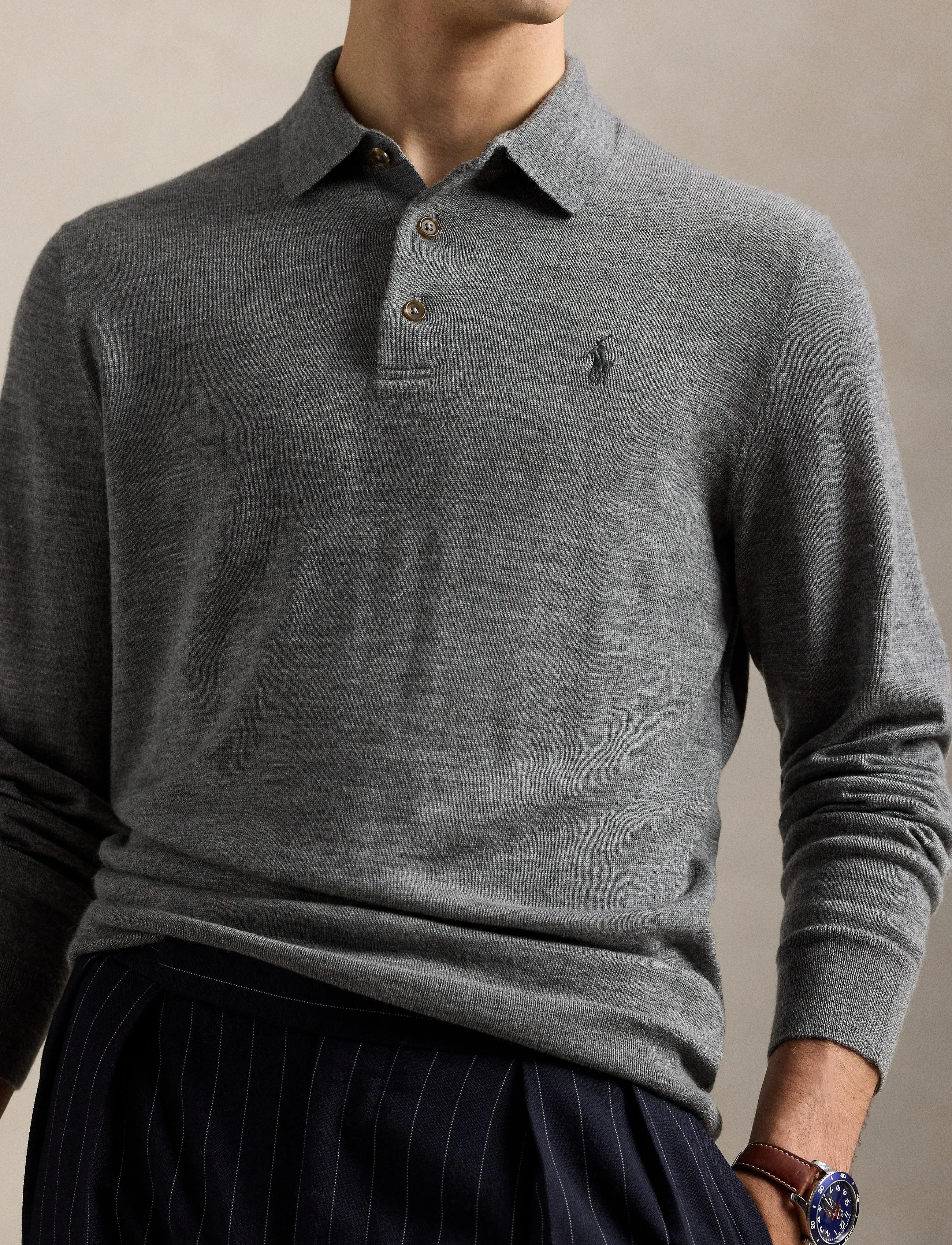Polo Ralph Lauren - Washable Wool Polo-Collar Sweater - langärmelige strick-polohemden - fawn grey heather - 5