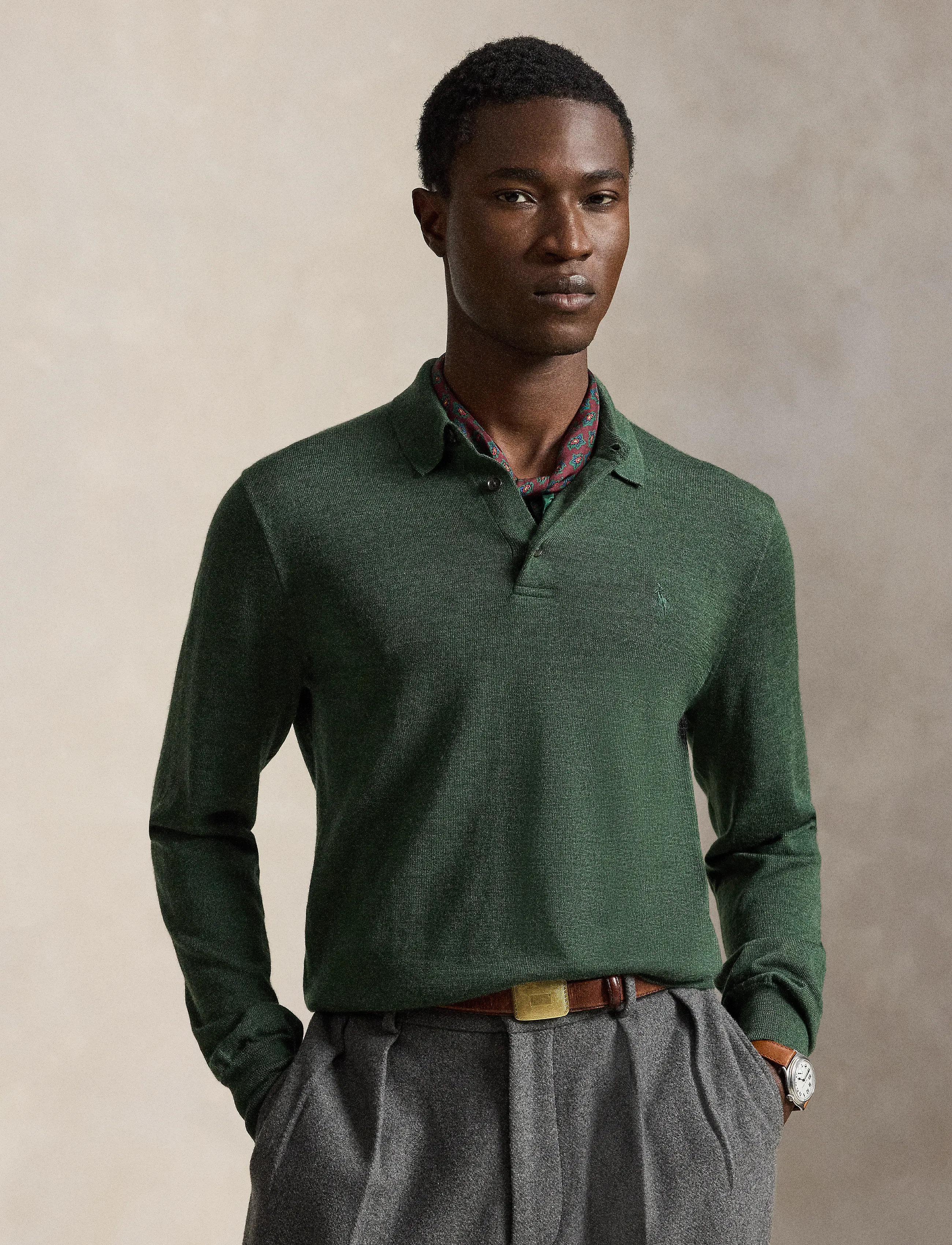 Polo Ralph Lauren Washable Wool Polo-Collar Sweater - Riided - LODGEPOLE PINE HE / green