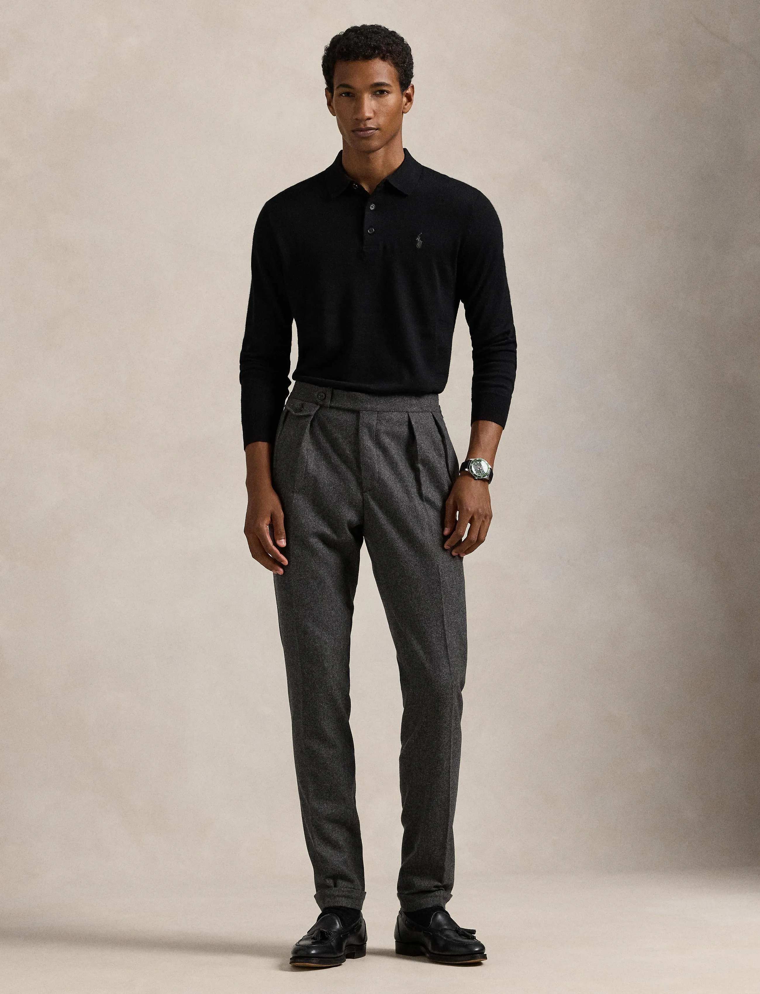 Polo Ralph Lauren Washable Wool Polo-Collar Sweater, M, Black, Strik > Langærmede Strikkede Poloer, Herre